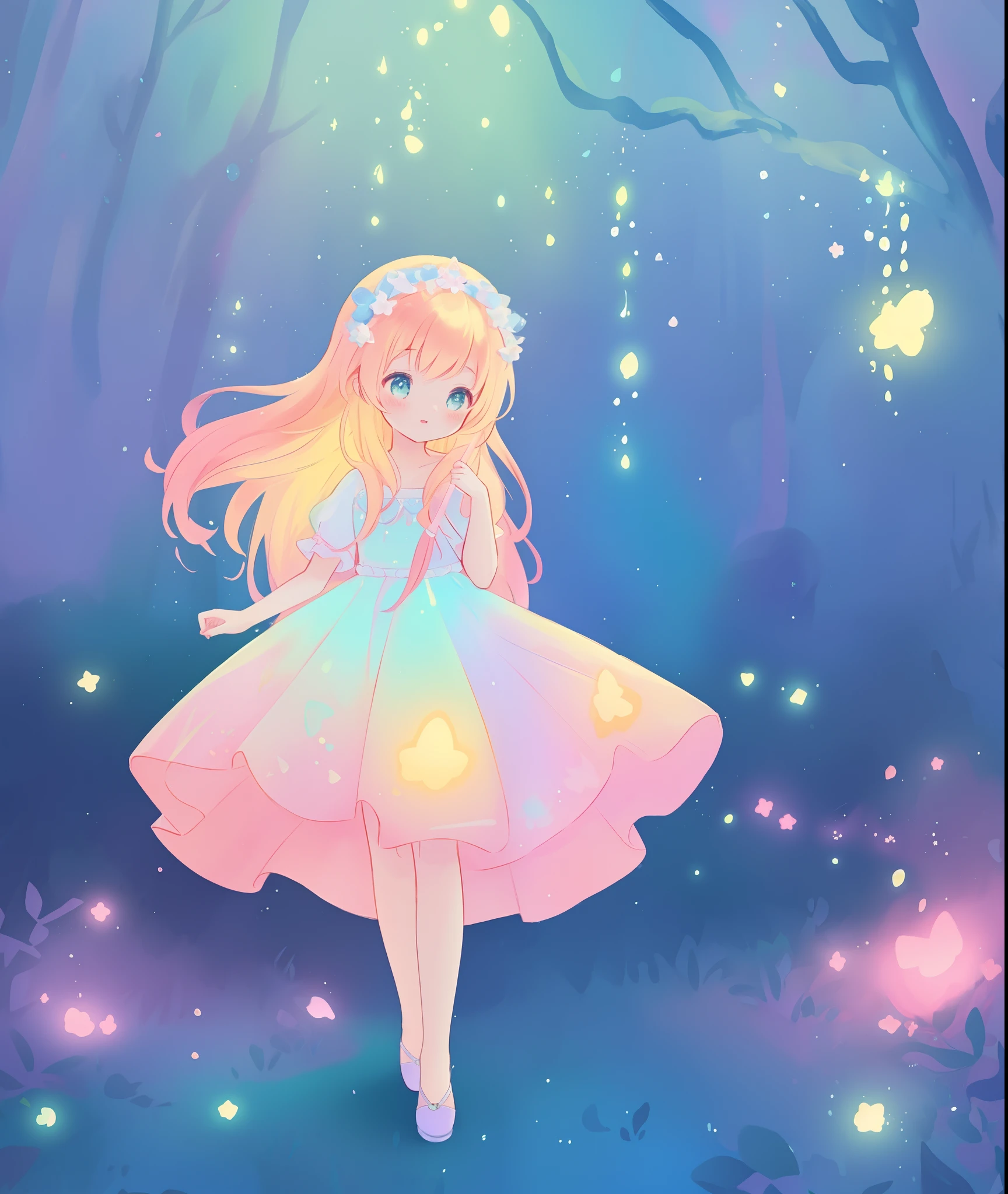 beautiful girl, puffy tiered ballgown, otherworldly forest landscape, vibrant pastel colors, (colorful), glowing golden long hair, magical lights, sparkling magical liquid, inspired by Glen Keane, inspired by Lois van Baarle, disney art style, by Lois van Baarle, glowing aura around her, by Glen Keane, jen bartel, glowing lights! digital painting, flowing glowing hair, glowing flowing hair, beautiful digital illustration, fantasia background, whimsical, magical, fantasy, ((beautiful face)), ((masterpiece, best quality)), intricate details, highly detailed, sharp focus, 8k resolution, sparkling detailed eyes, liquid watercolor