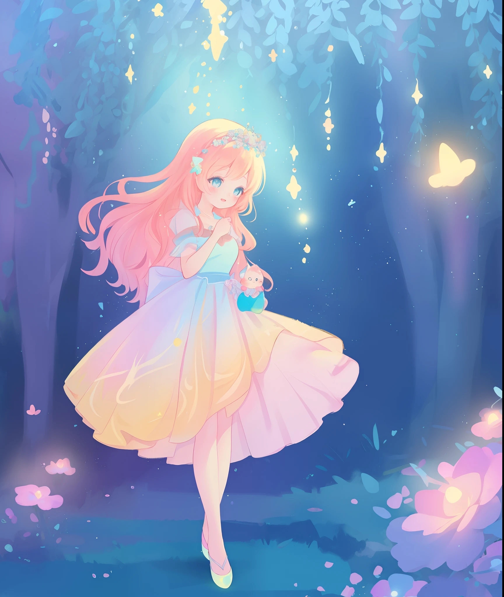 beautiful girl, puffy tiered ballgown, otherworldly forest landscape, vibrant pastel colors, (colorful), glowing golden long hair, magical lights, sparkling magical liquid, inspired by Glen Keane, inspired by Lois van Baarle, disney art style, by Lois van Baarle, glowing aura around her, by Glen Keane, jen bartel, glowing lights! digital painting, flowing glowing hair, glowing flowing hair, beautiful digital illustration, fantasia background, whimsical, magical, fantasy, ((beautiful face)), ((masterpiece, best quality)), intricate details, highly detailed, sharp focus, 8k resolution, sparkling detailed eyes, liquid watercolor
