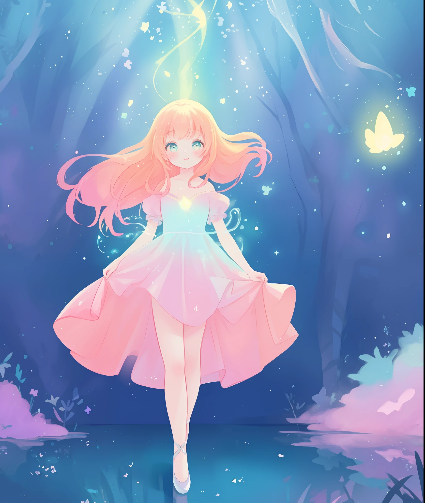beautiful girl, puffy tiered ballgown, otherworldly forest landscape, vibrant pastel colors, (colorful), glowing golden long hair, magical lights, sparkling magical liquid, inspired by Glen Keane, inspired by Lois van Baarle, disney art style, by Lois van Baarle, glowing aura around her, by Glen Keane, jen bartel, glowing lights! digital painting, flowing glowing hair, glowing flowing hair, beautiful digital illustration, fantasia background, whimsical, magical, fantasy, ((beautiful face)), ((masterpiece, best quality)), intricate details, highly detailed, sharp focus, 8k resolution, sparkling detailed eyes, liquid watercolor