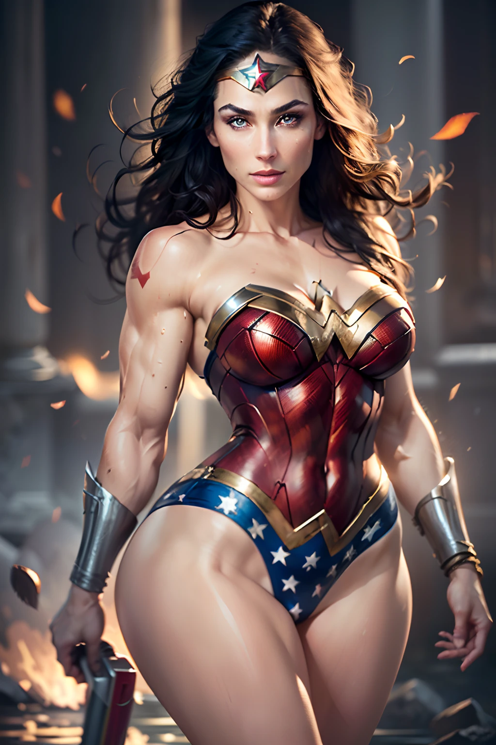 1woman, Wonder Woman, (intricate details, makeup), (delicate and beautiful delicate face, delicate and beautiful delicate eyes, perfectly proportioned face), (realistically moist skin: 1.0), (drenched body: 0.5), (wet skin), wet hair, delicate skin, strong and realistic blue eyes, realistic black hair, lips, makeup, natural skin texture, tiara, jewelry, star \(symbol\), leotard, bulletproof gauntlet, red boots, golden girdle, (public clothing: 1.5), bare shoulders, slightly sunburned complexion, mature, sexy, toned muscles, (muscles:1.2), ((strong and healthy body)), ((((more) muscles))), long legs, curves, (big breasts: 1.3), thin waist, soft waist, (delicate skin), (beautiful and sexy woman), (swollen lips: 0.9), very delicate muscles, standing,(realistic: 1.5), photorealistic, octane rendering, hyperrealistic, tight modeling, (photorealistic face: 1.2), thick eyelashes, long eyelashes, (curly dark hair: 1.1), best quality, half smile, (looking at the viewer), sharp focus, (4k), (masterpiece), (best quality), fantasy, extremely detailed, intricate, hyper detailed, (perfect face), illustration, soft lighting,(specular lighting:1.4), blue eyes, absurdly photorealistic, ultra high resolution, intricate, hyperdetailed, (skindentation), female, detailed body, (detailed face: 1.1), (outlined iris), (hydrocolor lenses), (perfect eyes), 4k, gorgeous, (masterpiece: 1.2), (best quality:1.2),