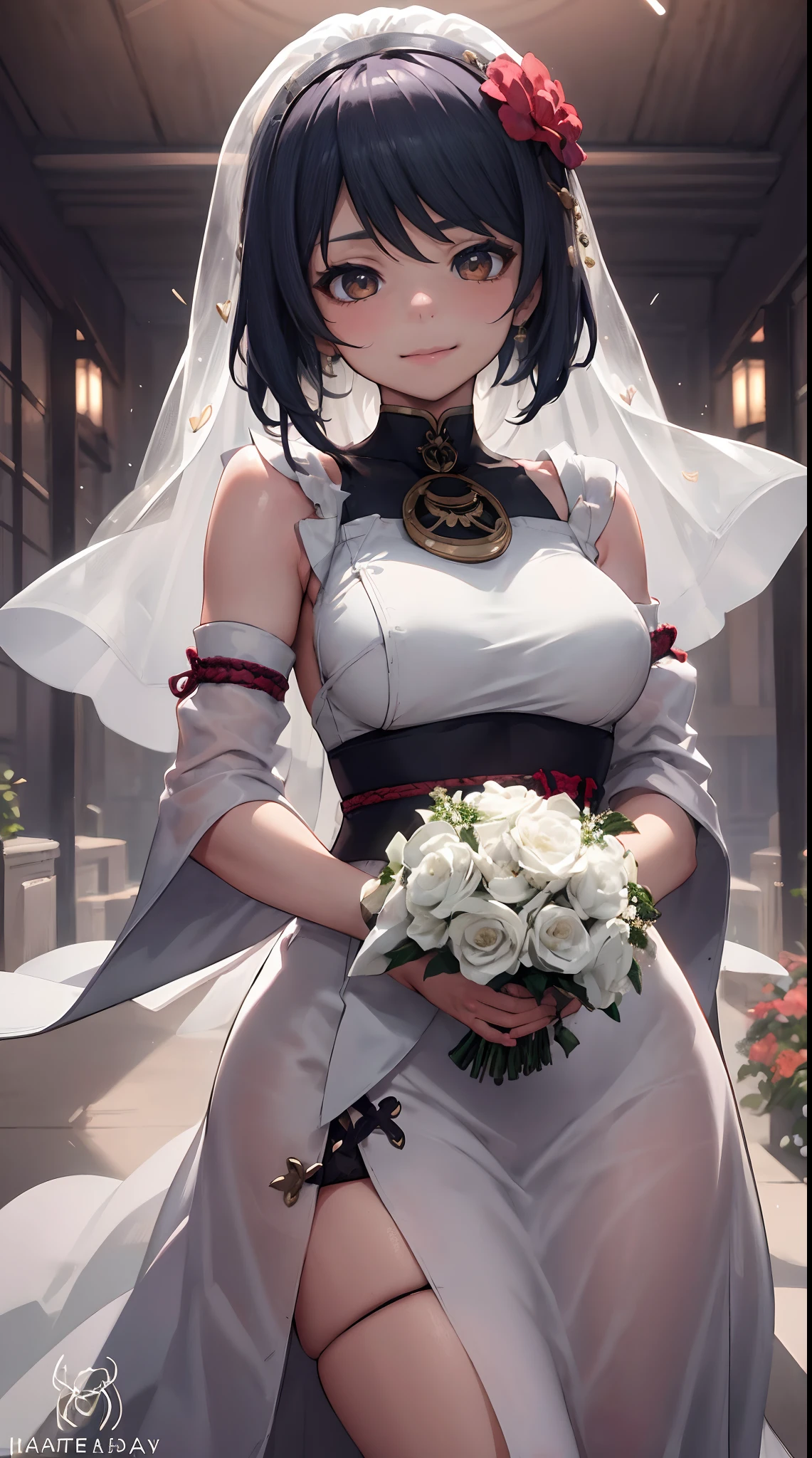 Kujou Sara | genshin impact, master-piece, bestquality, 1girls,25 years old, proportional body, proportional., Wedding Dresses, White Wedding Dress, Long skirt, wedding, ,bara, Standing in the middle of a flower garden, outdoor, wedding, The sky is beautiful, In a paradise of love and happiness.................................., The bride wears a Japanese dress and a seductive smile.................................., The passage of time stops at theirs.................................., On this wedding day of love and happiness.................................., Bright and beautiful flowers, Holding it in her hands symbolizes the envelopment of love.................................., Love and friendship through the transmission of flowers, In a paradise of love and happiness.................................., A bride in a yukata wearing a masika.................................., It is a form of beauty and elegance.................................., Show your spouse your heart................................., In a paradise of love and happiness.................................., Kochikugisa is the tree of new beginnings.................................., And their love and affection..............................., And suck a lot of love.................................., Flowers represent love and peace.................................., In a paradise of love and happiness.................................., View viewers from the front., Thigh strap, Head tilt, bored, 10, 10, HD, slight smile,