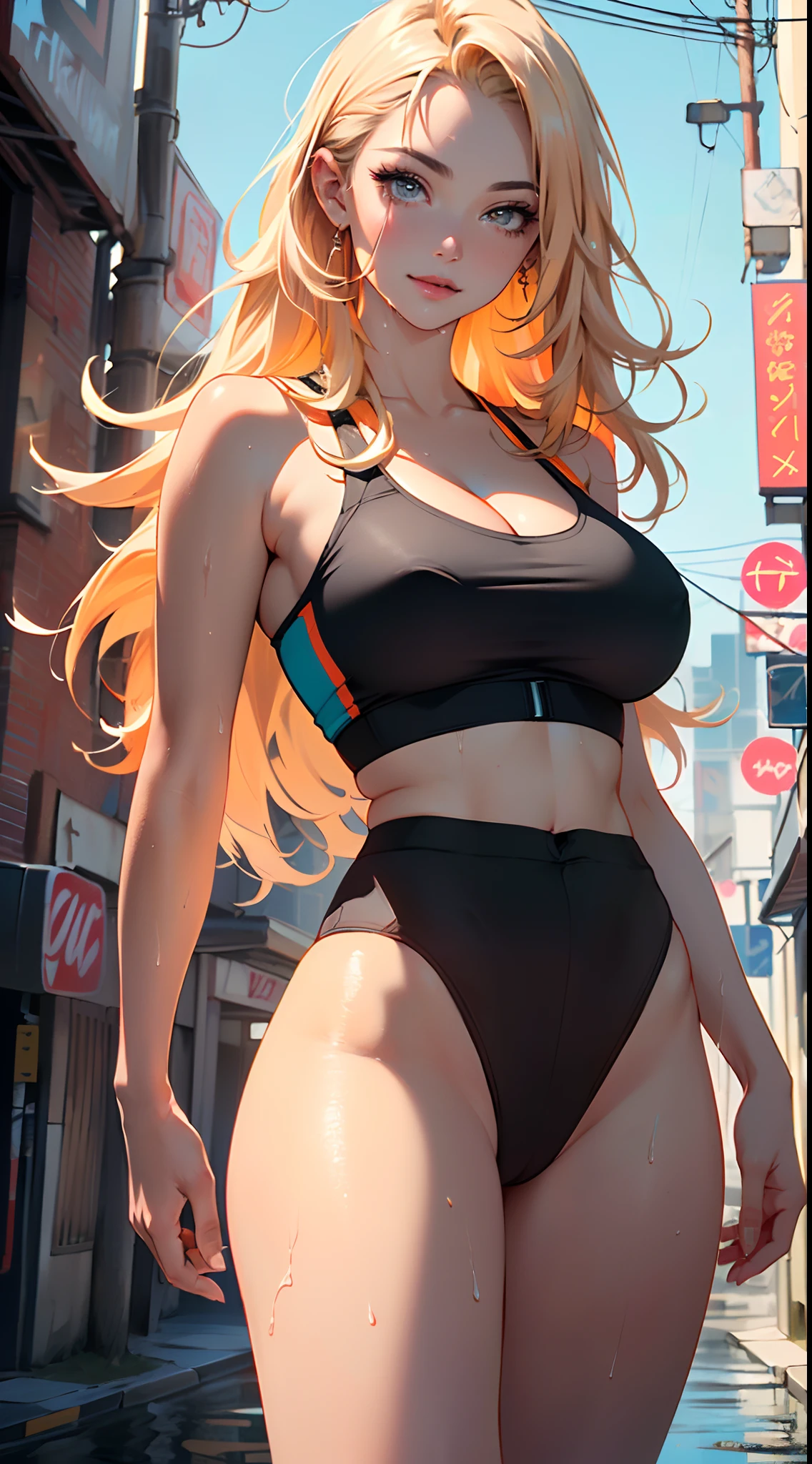 girl sporty,((attractive girl)),
(large breasts:1.4),saggy breasts,(((absurdly long unkept hair,blonde hair,very long hair,voluminous hair,Thick hair,Dense hair,long hair,colored inner hair))),((heterochromia:1.5, (orange_eye and blue_eye))),intricate eyes,beautiful detailed eyes,symmetrical eyes,((fat))(((lustrous skin:1.5,bright skin: 1.5,skin tanned,shiny skin,very shiny skin,shiny body,plastic glitter skin,exaggerated shiny skin,illuminated skin, wet legs))),(spider lower abdomen,narrow waist,wide hip,athletic body,inflated legs,detailed body,(detailed face)),
cute,slutty,seductive,erotic,(((nsfw))),
((tight sports bra, tight sports panties, (orange and black clothes))),(((cleavage))),((wet clothes,intricate outfit,intricate clothes)),
(dynamic pose:1.0),coquette,smiling,(centered,scale to fit dimensions,Rule of thirds),
cyberpunk city by the ocean at night, with bright neon signs and dark stormy clouds and puddles, scenery:1.25,
artistic photography,(photography taken by sldr),highres, sharp focus, (ultra detailed, extremely detailed), (photorealistic artwork:1.37),(extremely detailed CG unity 8k wallpaper),((synthwave background theme)),(((vibrant colors))),(intricate background),(masterpiece),(best quality),