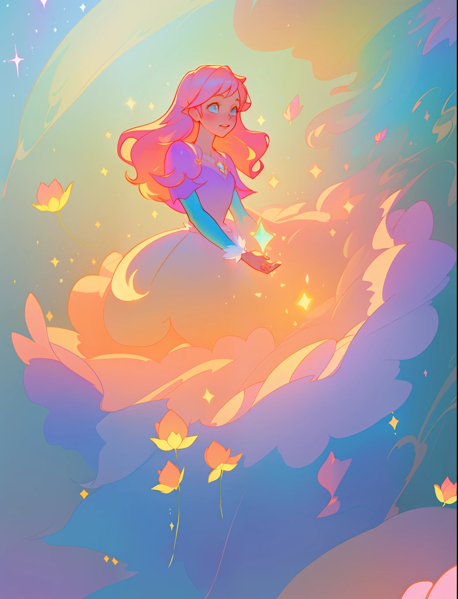 beautiful girl, puffy tiered flower fairy ballgown dress, vibrant pastel colors, (colorful), glowing golden long hair, magical lights, sparkling magical liquid, inspired by Glen Keane, inspired by Lois van Baarle, disney art style, by Lois van Baarle, glowing aura around her, by Glen Keane, jen bartel, glowing lights! digital painting, flowing glowing hair, glowing flowing hair, beautiful digital illustration, fantasia background, whimsical, magical, fantasy, ((beautiful face)), ((masterpiece, best quality)), intricate details, highly detailed, sharp focus, 8k resolution, sparkling detailed eyes, liquid watercolor