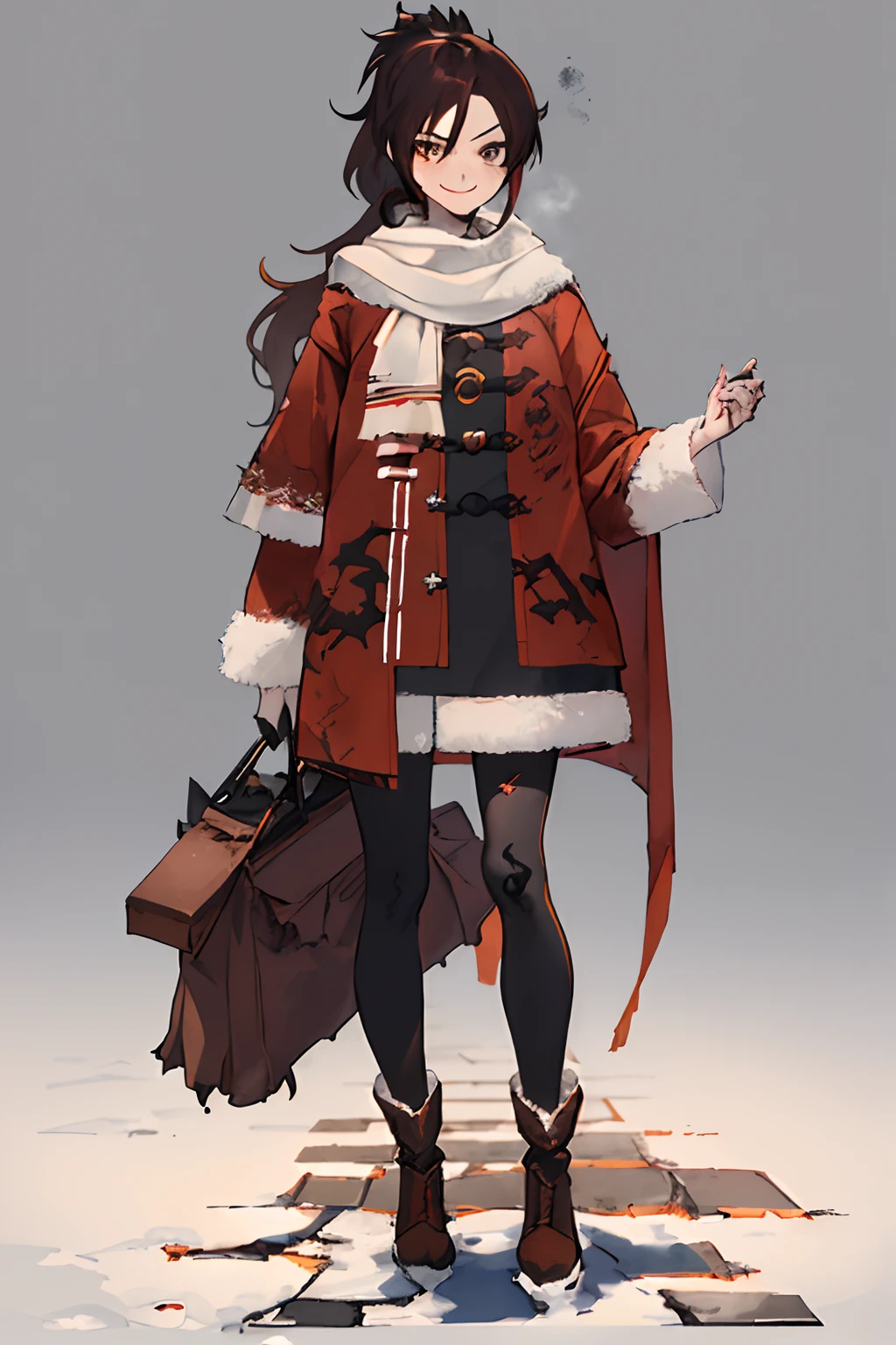 ((((Dramatic)))、(((gritty)))、(((vehement)))masterpiece,1girl in,独奏,poneyTail,Brown hair,Brown eyes,a smile,Chic,doress,character designs,Full body view,No background,Standing Picture,Winter clothing,,rearing