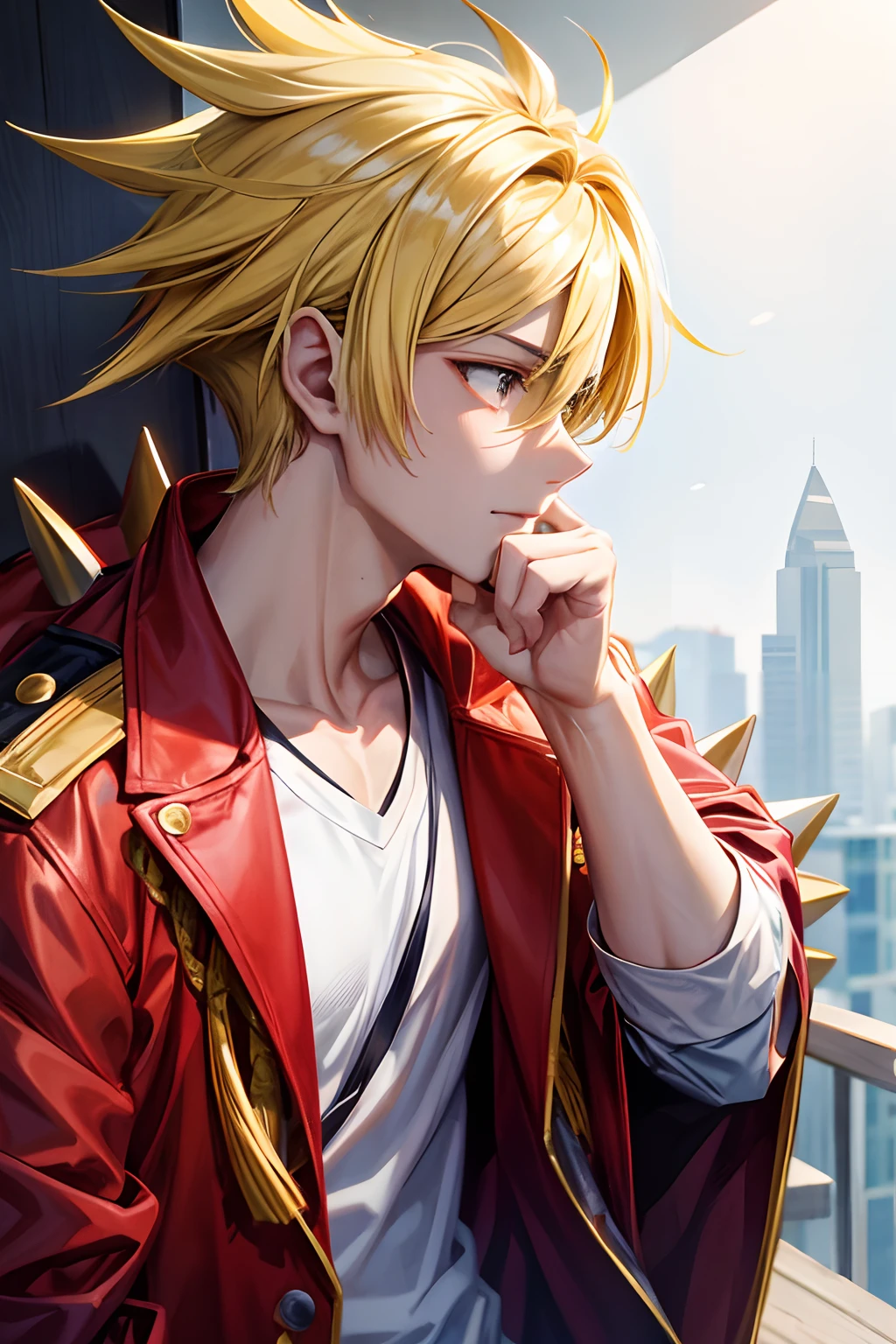 anime, A young man, cabelo amarelo espetado para cima, camisa branca da jaqueta vermelha
