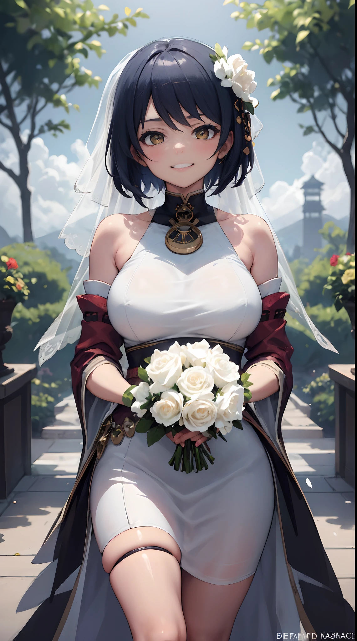 Kujou Sara | genshin impact, master-piece, bestquality, 1girls,25 years old, proportional body, proportional., Wedding Dresses, White Wedding Dress, Long skirt, wedding, ,bara, Standing in the middle of a flower garden, outdoor, wedding, The sky is beautiful, In a paradise of love and happiness.........................................., The bride wears a Japanese dress and a seductive smile.........................................., The passage of time stops at theirs.........................................., On this wedding day of love and happiness.........................................., Bright and beautiful flowers, Holding it in her hands symbolizes the envelopment of love.........................................., Love and friendship through the transmission of flowers, In a paradise of love and happiness.........................................., A bride in a yukata wearing a masika.........................................., It is a form of beauty and elegance.........................................., Show your spouse your heart........................................., In a paradise of love and happiness.........................................., Kochikugisa is the tree of new beginnings.........................................., And their love and affection......................................., And suck a lot of love.........................................., Flowers represent love and peace.........................................., In a paradise of love and happiness.........................................., View viewers from the front., Thigh strap, Head tilt, bored, 10, 10, HD, slight smile,