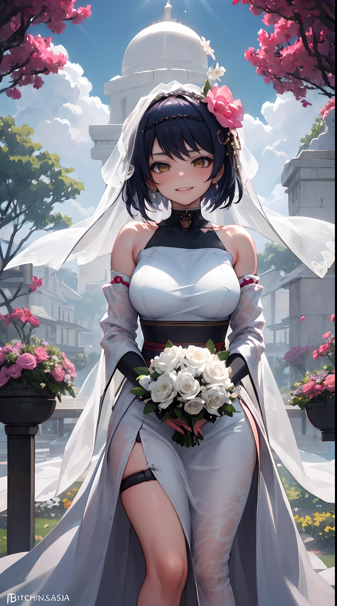 Kujou Sara | genshin impact, master-piece, bestquality, 1girls,25 years old, proportional body, proportional., Wedding Dresses, White Wedding Dress, Long skirt, wedding, ,bara, Standing in the middle of a flower garden, outdoor, wedding, The sky is beautiful, In a paradise of love and happiness.................................., The bride wears a Japanese dress and a seductive smile.................................., The passage of time stops at theirs.................................., On this wedding day of love and happiness.................................., Bright and beautiful flowers, Holding it in her hands symbolizes the envelopment of love.................................., Love and friendship through the transmission of flowers, In a paradise of love and happiness.................................., A bride in a yukata wearing a masika.................................., It is a form of beauty and elegance.................................., Show your spouse your heart................................., In a paradise of love and happiness.................................., Kochikugisa is the tree of new beginnings.................................., And their love and affection..............................., And suck a lot of love.................................., Flowers represent love and peace.................................., In a paradise of love and happiness.................................., View viewers from the front., Thigh strap, Head tilt, bored, 10, 10, HD, slight smile,