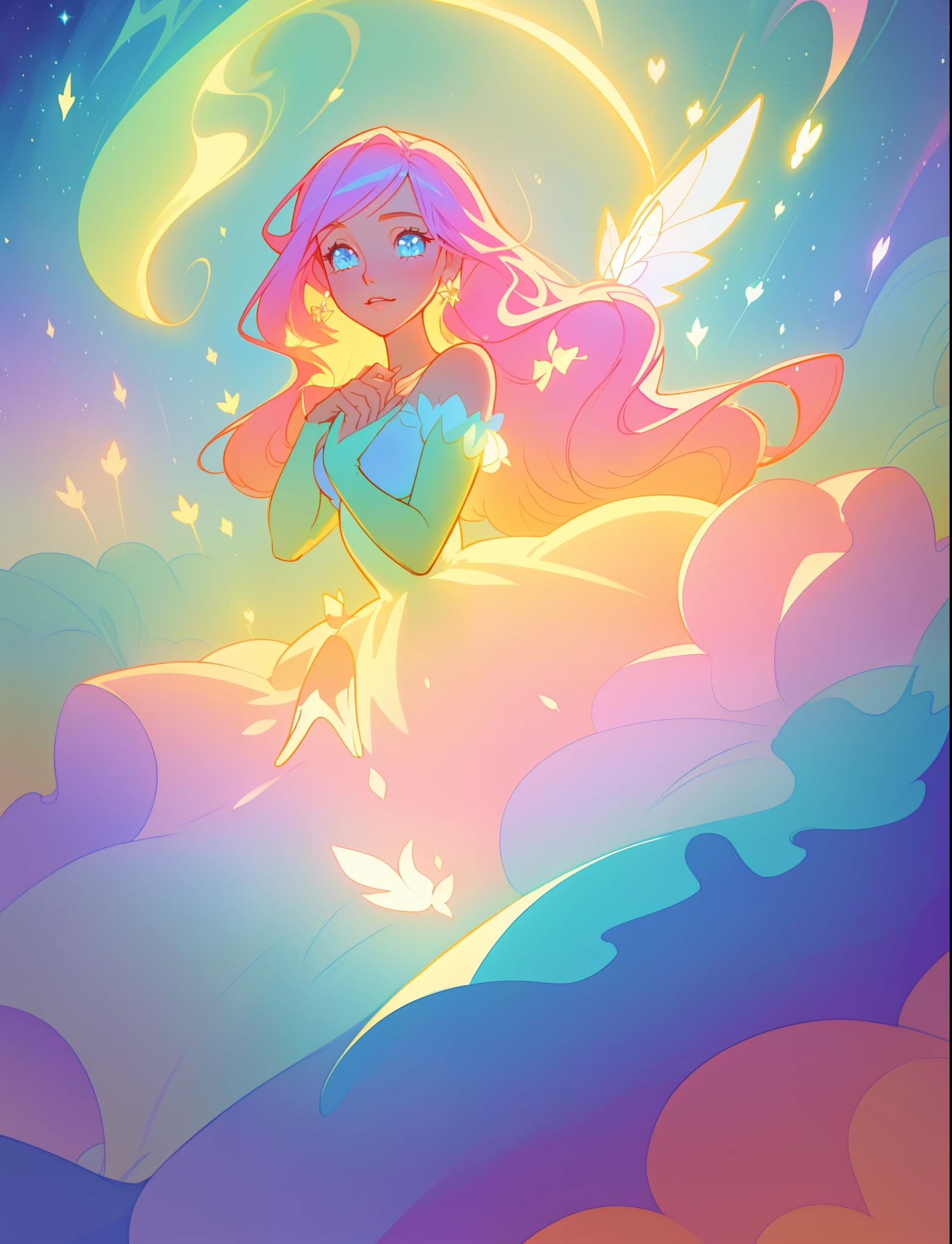beautiful girl, puffy tiered flower fairy ballgown dress, vibrant pastel colors, (colorful), glowing golden long hair, magical lights, sparkling magical liquid, inspired by Glen Keane, inspired by Lois van Baarle, disney art style, by Lois van Baarle, glowing aura around her, by Glen Keane, jen bartel, glowing lights! digital painting, flowing glowing hair, glowing flowing hair, beautiful digital illustration, fantasia background, whimsical, magical, fantasy, ((beautiful face)), ((masterpiece, best quality)), intricate details, highly detailed, sharp focus, 8k resolution, sparkling detailed eyes, liquid watercolor