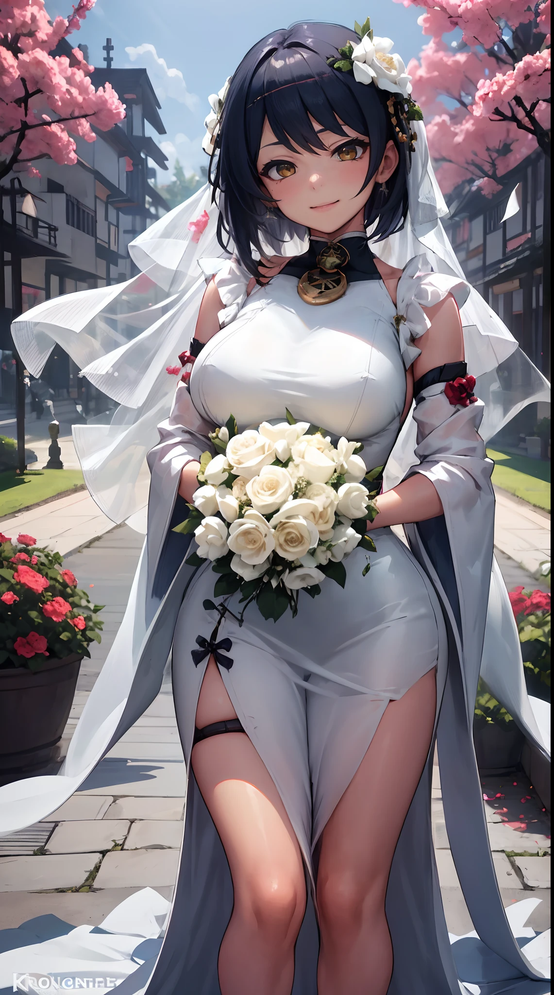 Kujou Sara | genshin impact, master-piece, bestquality, 1girls,25 years old, proportional body, proportional., Wedding Dresses, White Wedding Dress, Long skirt, wedding, ,bara, Standing in the middle of a flower garden, outdoor, wedding, The sky is beautiful, In a paradise of love and happiness..................................., The bride wears a Japanese dress and a seductive smile..................................., The passage of time stops at theirs..................................., On this wedding day of love and happiness..................................., Bright and beautiful flowers, Holding it in her hands symbolizes the envelopment of love..................................., Love and friendship through the transmission of flowers, In a paradise of love and happiness..................................., A bride in a yukata wearing a masika..................................., It is a form of beauty and elegance..................................., Show your spouse your heart.................................., In a paradise of love and happiness..................................., Kochikugisa is the tree of new beginnings..................................., And their love and affection................................, And suck a lot of love..................................., Flowers represent love and peace..................................., In a paradise of love and happiness..................................., View viewers from the front., Thigh strap, Head tilt, bored, 10, 10, HD, slight smile,
