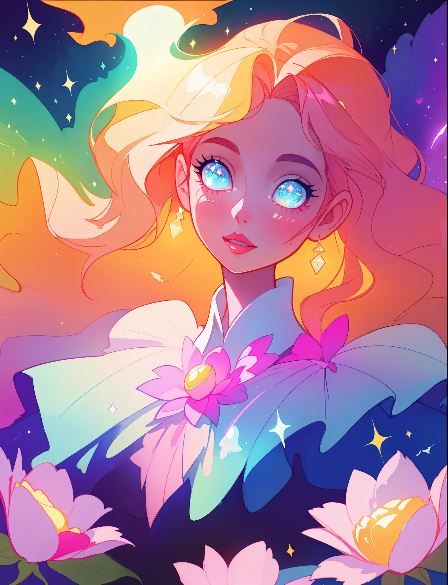 beautiful girl, puffy tiered flower fairy ballgown dress, vibrant pastel colors, (colorful), glowing golden long hair, magical lights, sparkling magical liquid, inspired by Glen Keane, inspired by Lois van Baarle, disney art style, by Lois van Baarle, glowing aura around her, by Glen Keane, jen bartel, glowing lights! digital painting, flowing glowing hair, glowing flowing hair, beautiful digital illustration, fantasia background, whimsical, magical, fantasy, ((beautiful face)), ((masterpiece, best quality)), intricate details, highly detailed, sharp focus, 8k resolution, sparkling detailed eyes, liquid watercolor