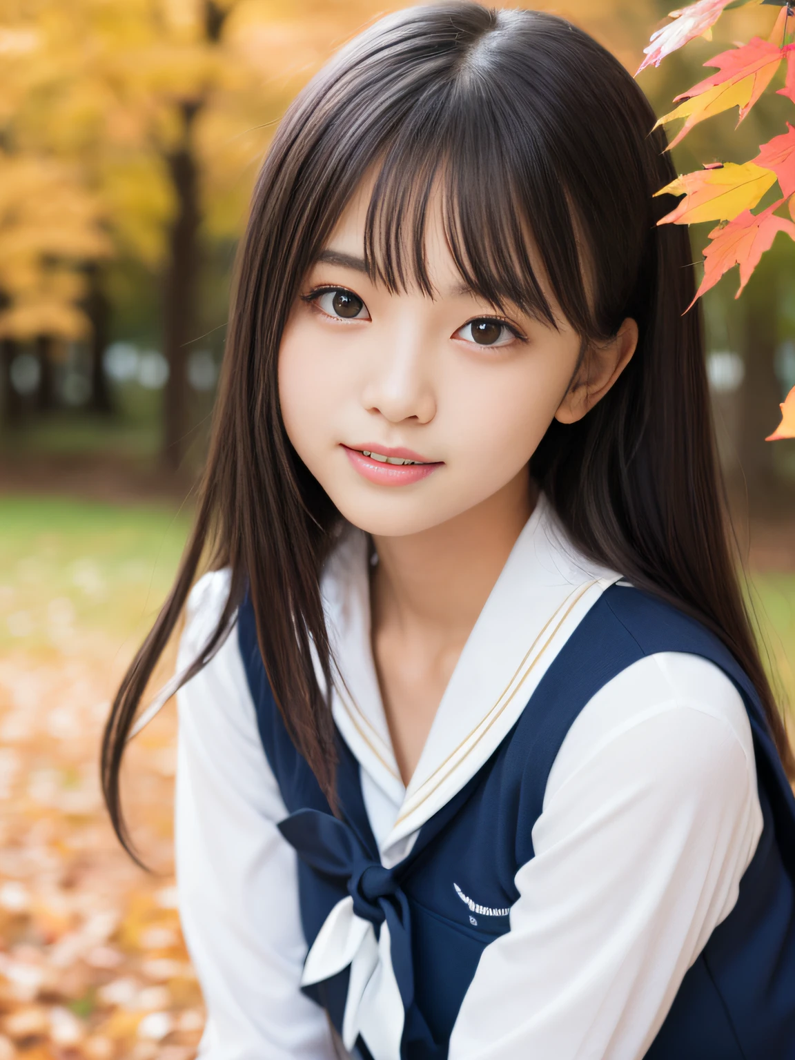 masutepiece, Best Quality, 8K, , Teen, Raw photo, absurderes, award winning portrait, ssmile, Solo, Idol face, violaceaess, gardeniass, Delicate girl, Upper body, Digital SLR, Looking at Viewer, Candid, Sophisticated, zora々Right, Thin arms, Professional Lighting, Film grain, chromatic abberation, (Eyes and faces with detailed:1.0), (Bokeh:1.1), Japanese high school girl、White Sailor School Uniform:1.2、Navy blue pleated skirt, autumnal、Colored leaves、Autumn leaves、