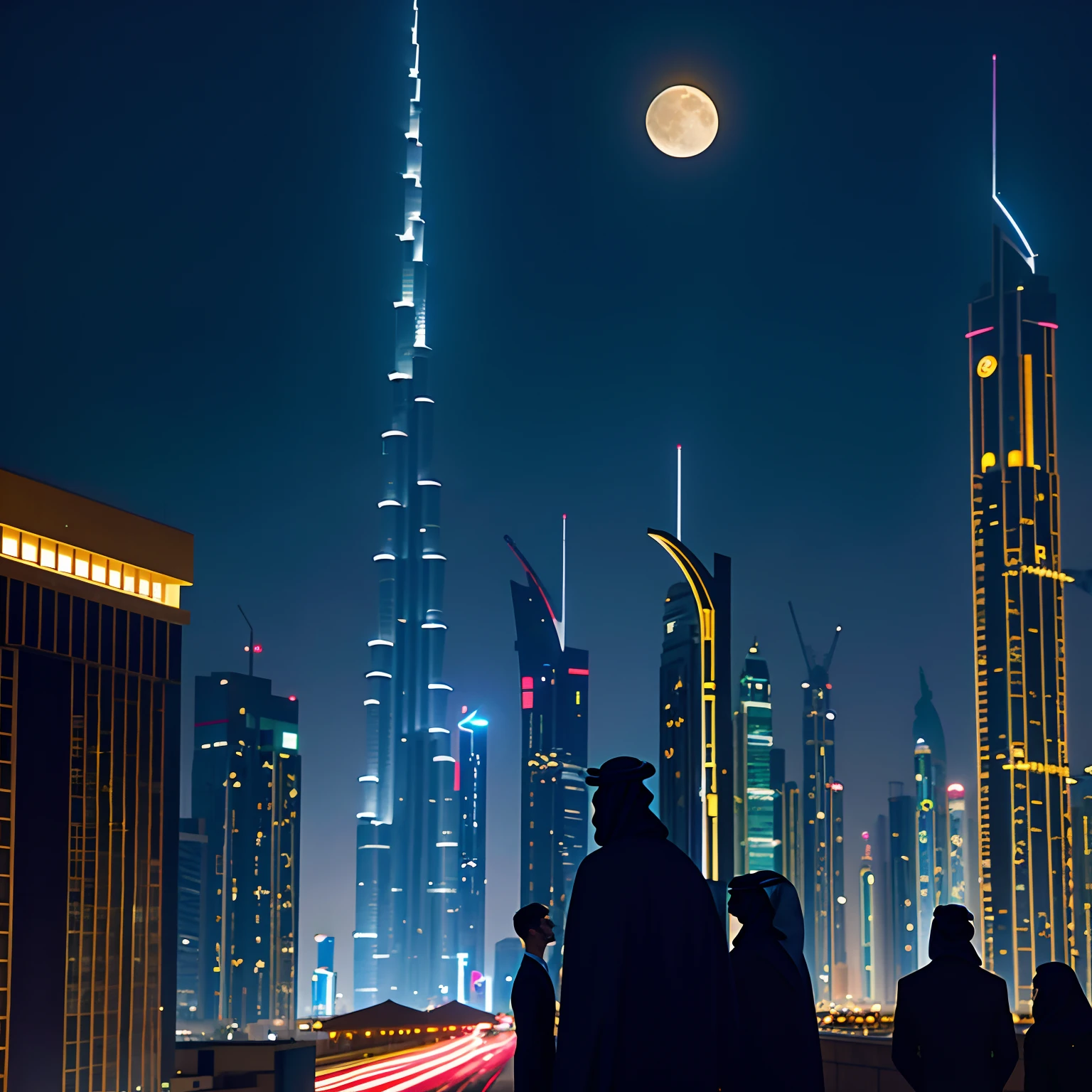 Four man in black suits standing in a building roof where see everything,in Dubai street ,street of city ,busy night,with moon light