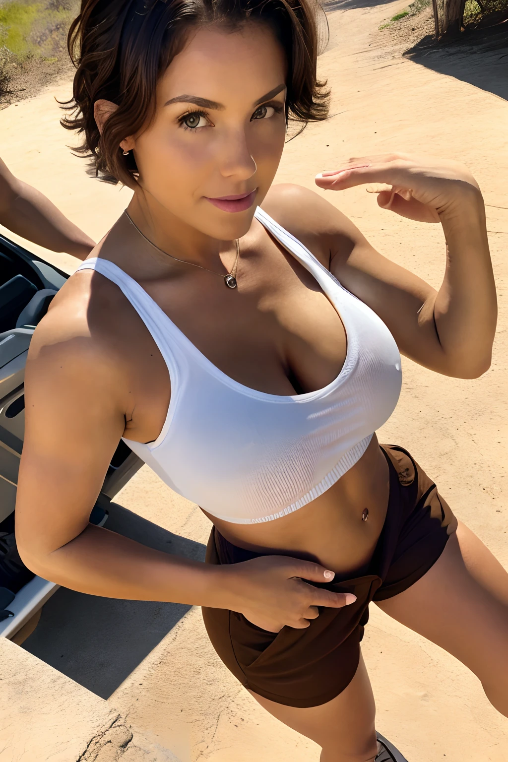 milf in a white tank top and brown hiking shorts, on her knees, short wavy hair, large_breasts, looking up, seen from above, cleavage