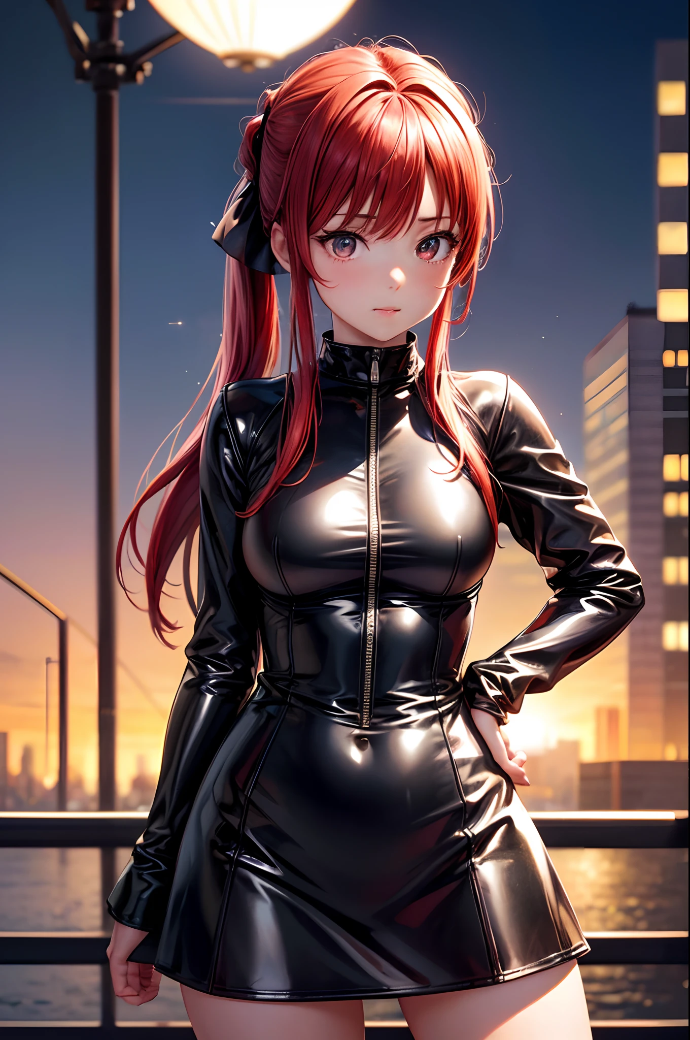 (RAW Photo, Best Quality), (Realistic, Photo Realistic: 1.3), Best Quality, Highly Detailed, Masterpiece, Hyperdetail, Illustration, 1 Girl, upper_body, Dynamic Angle, World Masterpiece Theater, Ore no Imoto ga konna ni kawaii wake ga nai, 25-yers-old girl with crimson red hair- pulled up into twin ponytails, wearing a latex mini dress with the city lights in the background sexy pose, standing, hands on hips, Best Quality, Extremely Detailed CG Unified 8k Wallpaper, Ink, Amazing, Cinematic Lighting, lens flare, sexy pose,