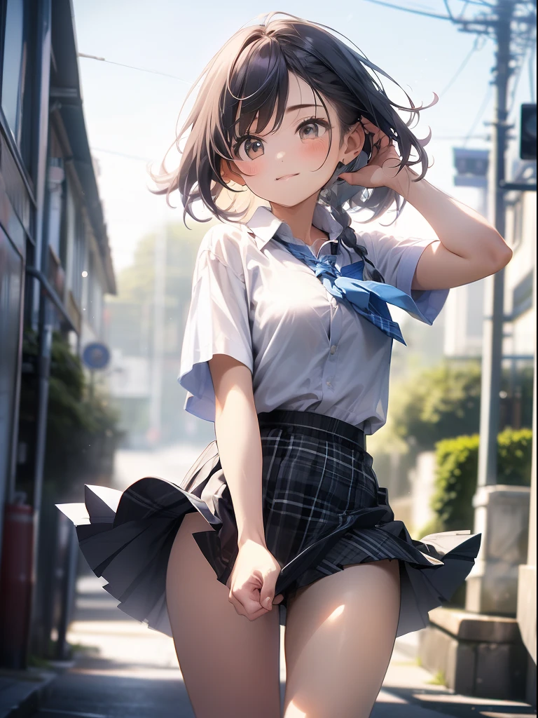 in 8K、top-quality、masterpiece、ultra-detailliert、Ultra-high resolution、((1 persons))、girl with、校服、Braided hair、makeups、plaid skirts、heavy wind、((((Flip the skirt))))