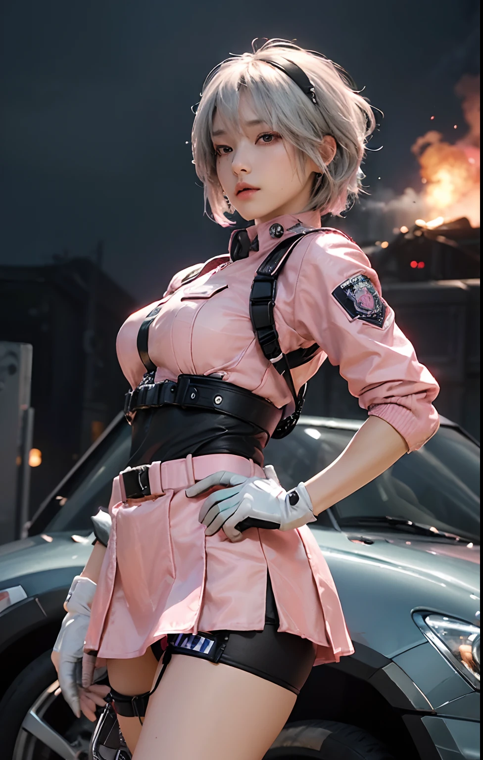 (Top Quality, Ultra High Definition, Photorealistic:1.4), (cowboy shot:1), 1 Beautiful Armed Girl, (Kpop Idol), Detailed Face, (Hair Style: Pink:1, fullbang, shortbob-style:1), Contrapposto, Perfect Anatomy, ((wearing Futuristic Police Racing Suits, low-mini-skirt, police wappen, High-tech Headset, military harness, racing gloves, )), (Cloths colors based on silver pink black white), (background, crashed cars, fire, (Explosion)),