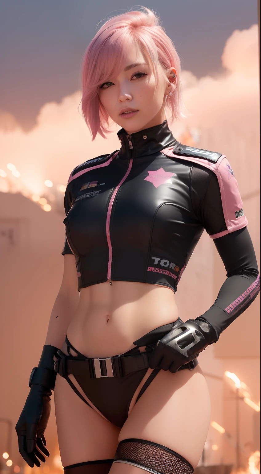 (Top Quality, Ultra High Definition, Photorealistic:1.4), (cowboy shot:1), 1 Beautiful Armed Girl, (Kpop Idol), Detailed Face, (Hair Style: Pink:1, fullbang, shortbob-style:1), Contrapposto, Perfect Anatomy, ((wearing Futuristic Police Racing Suits, low-mini-skirt, police wappen, High-tech Headset, military harness, racing gloves, )), (Cloths colors based on silver pink black white), (background, crashed cars, fire, (Explosion)),