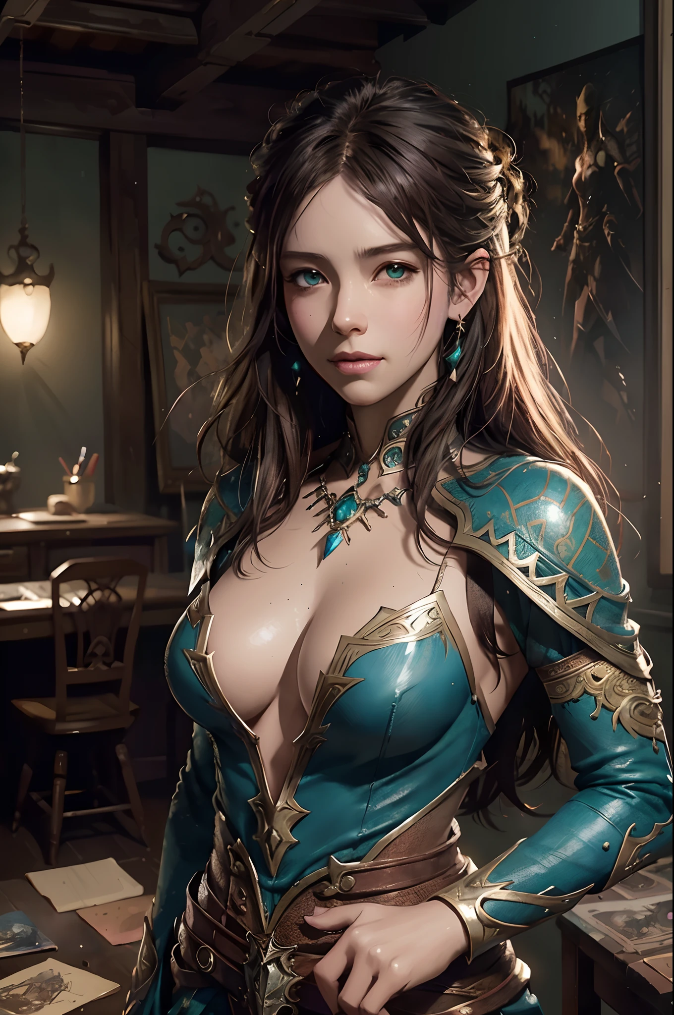 (by Greg Rutkowski: 1.2), (concept art:1.5), (masterpiece), ((best quality)), extremely delicate and beautiful, illustration, dynamic lighting, (fantasy landscape), vibrant colors, girl, masterpiece, sharp focus, best quality, depth of field, cinematic lighting, (anime screencap:1.4), Ashe from final fantasy XII, fantasy world, green eyes, ashen hair color, long hair, indoors, smiling, stud earrings, From Brian Froud and Carne Griffiths and Wadim Kashin and John William Waterhouse, 8K post-production, high resolution, ((highly detailed)), depth of field, HDR, intricate,