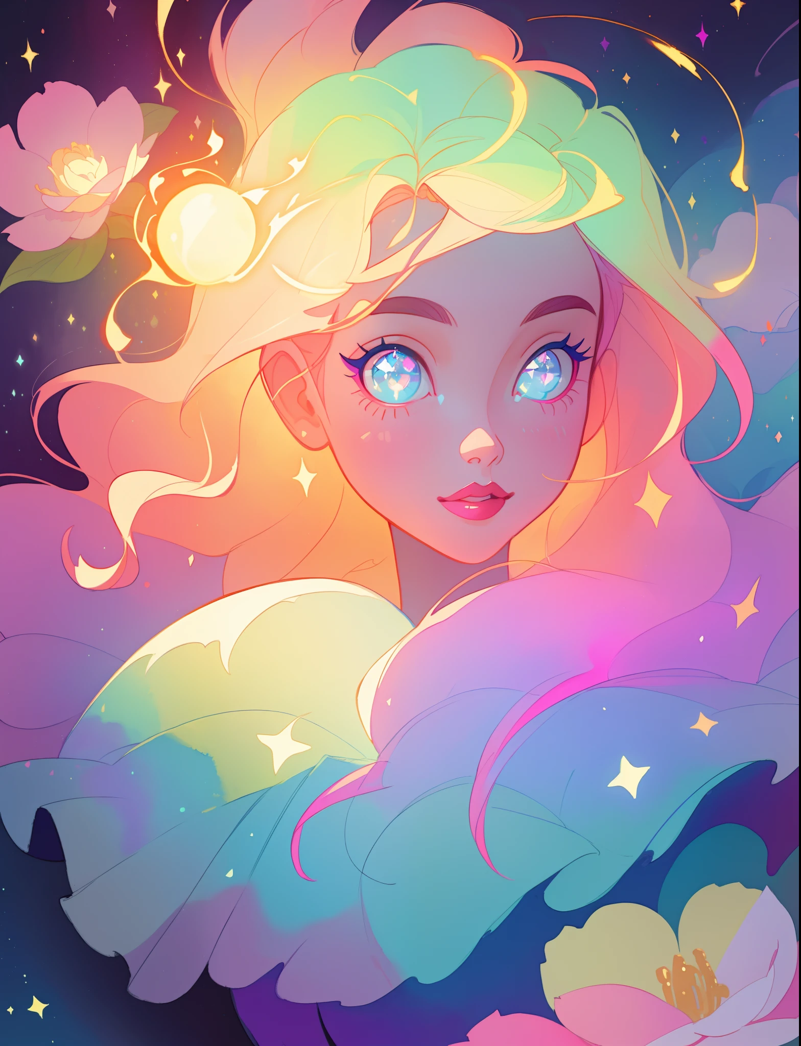 beautiful girl, puffy tiered flower fairy ballgown dress, vibrant pastel colors, (colorful), glowing golden long hair, magical lights, sparkling magical liquid, inspired by Glen Keane, inspired by Lois van Baarle, disney art style, by Lois van Baarle, glowing aura around her, by Glen Keane, jen bartel, glowing lights! digital painting, flowing glowing hair, glowing flowing hair, beautiful digital illustration, fantasia background, whimsical, magical, fantasy, ((beautiful face)), ((masterpiece, best quality)), intricate details, highly detailed, sharp focus, 8k resolution, sparkling detailed eyes, liquid watercolor