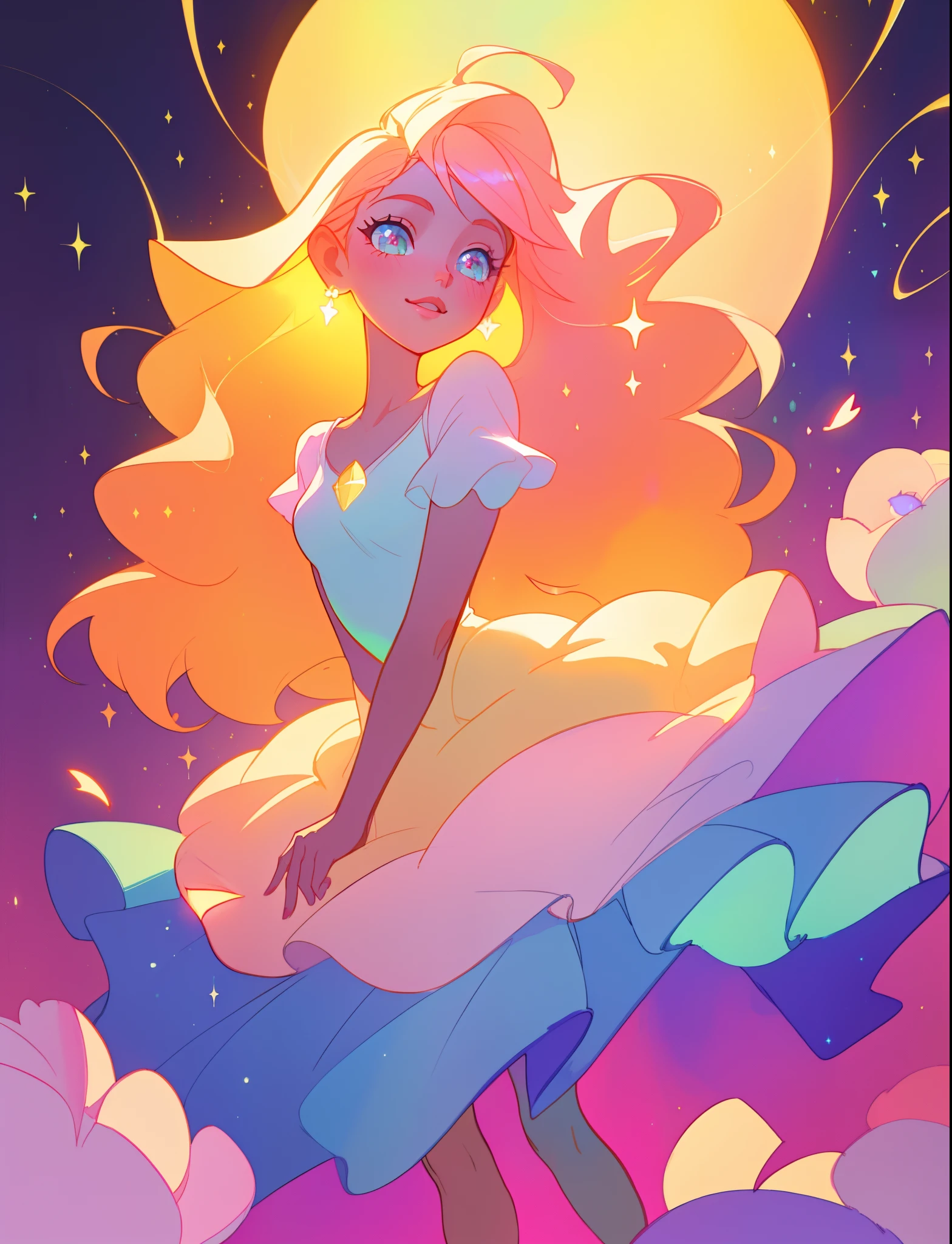 beautiful girl, puffy tiered flower fairy ballgown dress, vibrant pastel colors, (colorful), glowing golden long hair, magical lights, sparkling magical liquid, inspired by Glen Keane, inspired by Lois van Baarle, disney art style, by Lois van Baarle, glowing aura around her, by Glen Keane, jen bartel, glowing lights! digital painting, flowing glowing hair, glowing flowing hair, beautiful digital illustration, fantasia background, whimsical, magical, fantasy, ((beautiful face)), ((masterpiece, best quality)), intricate details, highly detailed, sharp focus, 8k resolution, sparkling detailed eyes, liquid watercolor