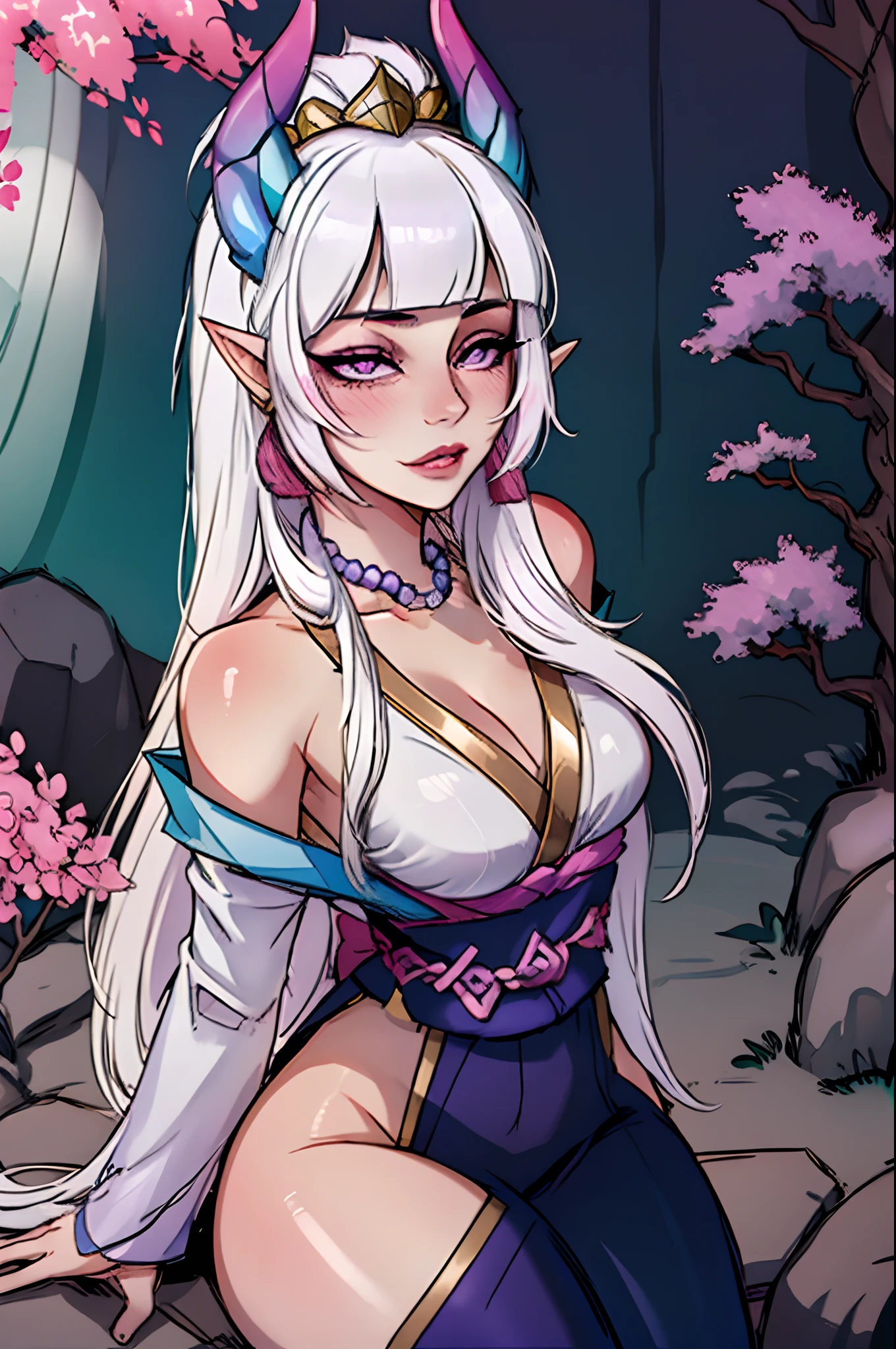 (detailed Japanese forest), masterpiece, best quality, Spirit_Blossom_Syndra, purple_eyes, blunt_bangs, white_hair, pointy_ears, face portrait