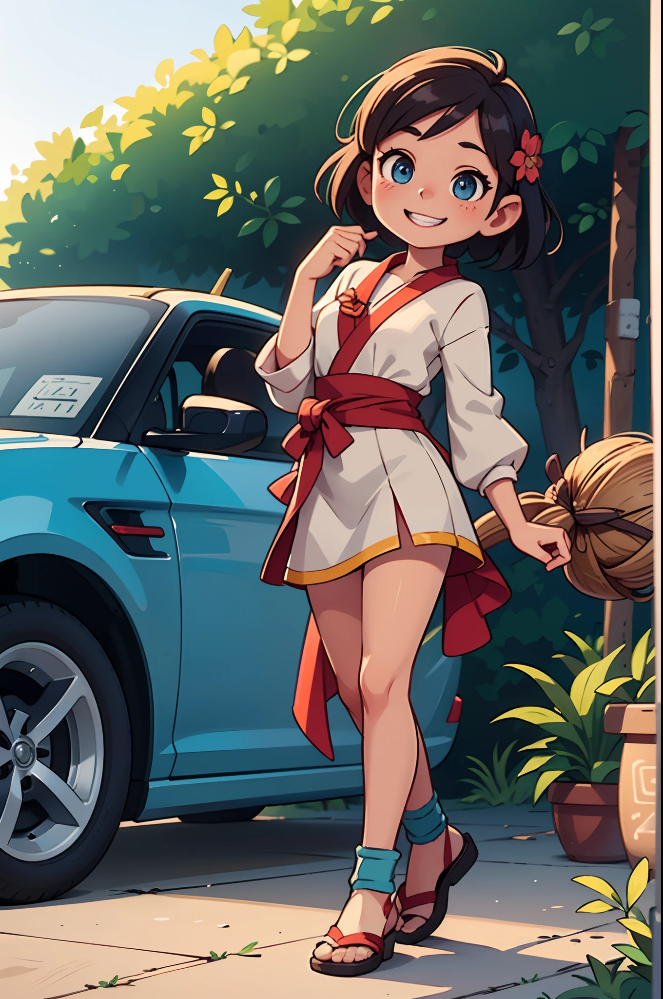 Octane Render、(Hyper-detailing: 1.15)、(Soft light、sharp: 1.2)、morning、 posing in front of EV in parking lot near beach, Traditional costumes、Distinctive ethnic hair ornaments、Characteristic ethnic shoes、 Fuji Film, F/4.0, masutepiece, Anatomically correct、A smile, radiant light、bustup