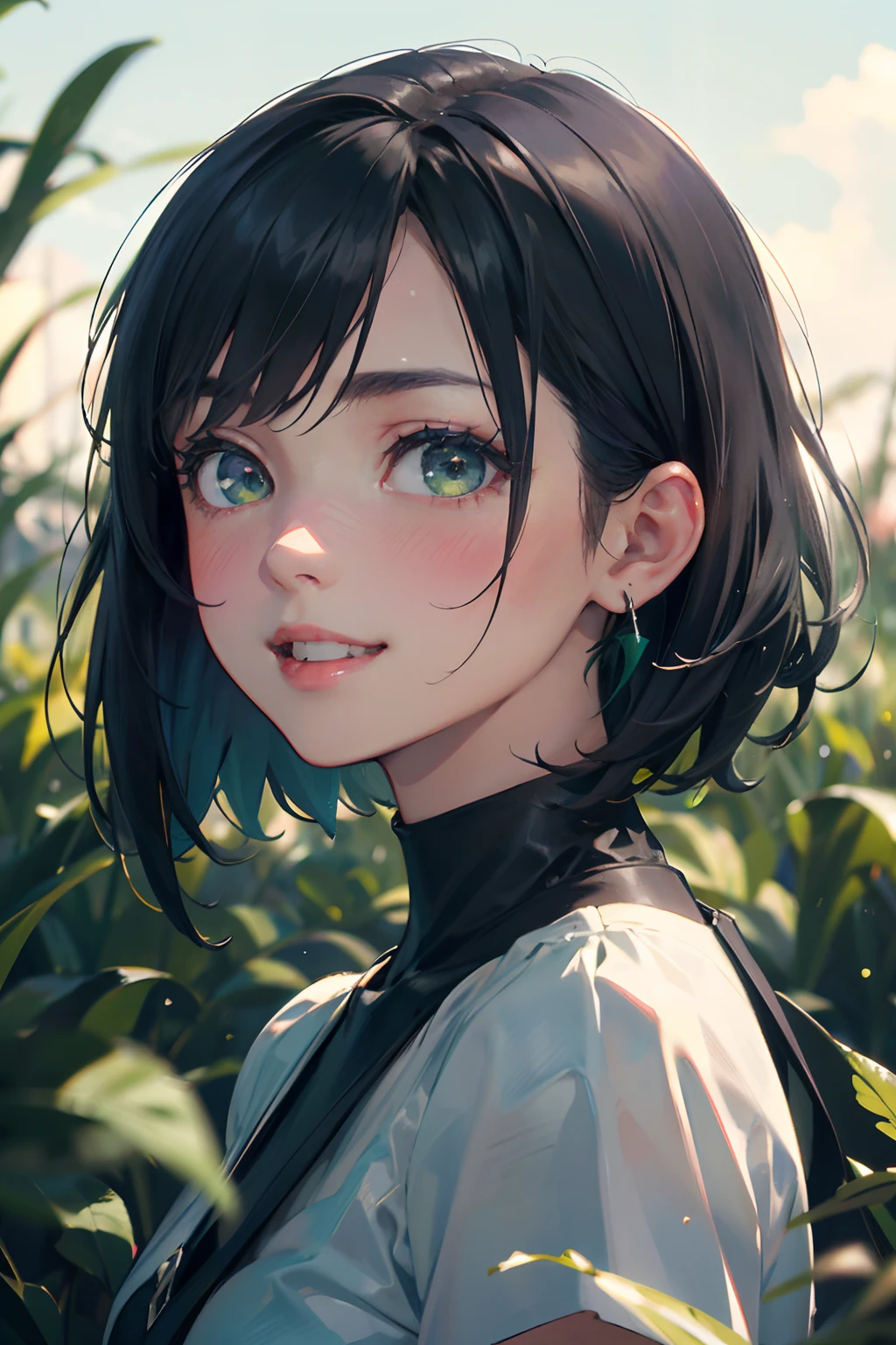 a 20 yo woman、Black blue Hair、Bery short hair、Big smile、(hi-top fade:1.3)、dark themed、Muted Tones、Subdued Color、highly contrast、Background green meadow、(natural skin textures、Hyper-Realism、Soft light、sharp)