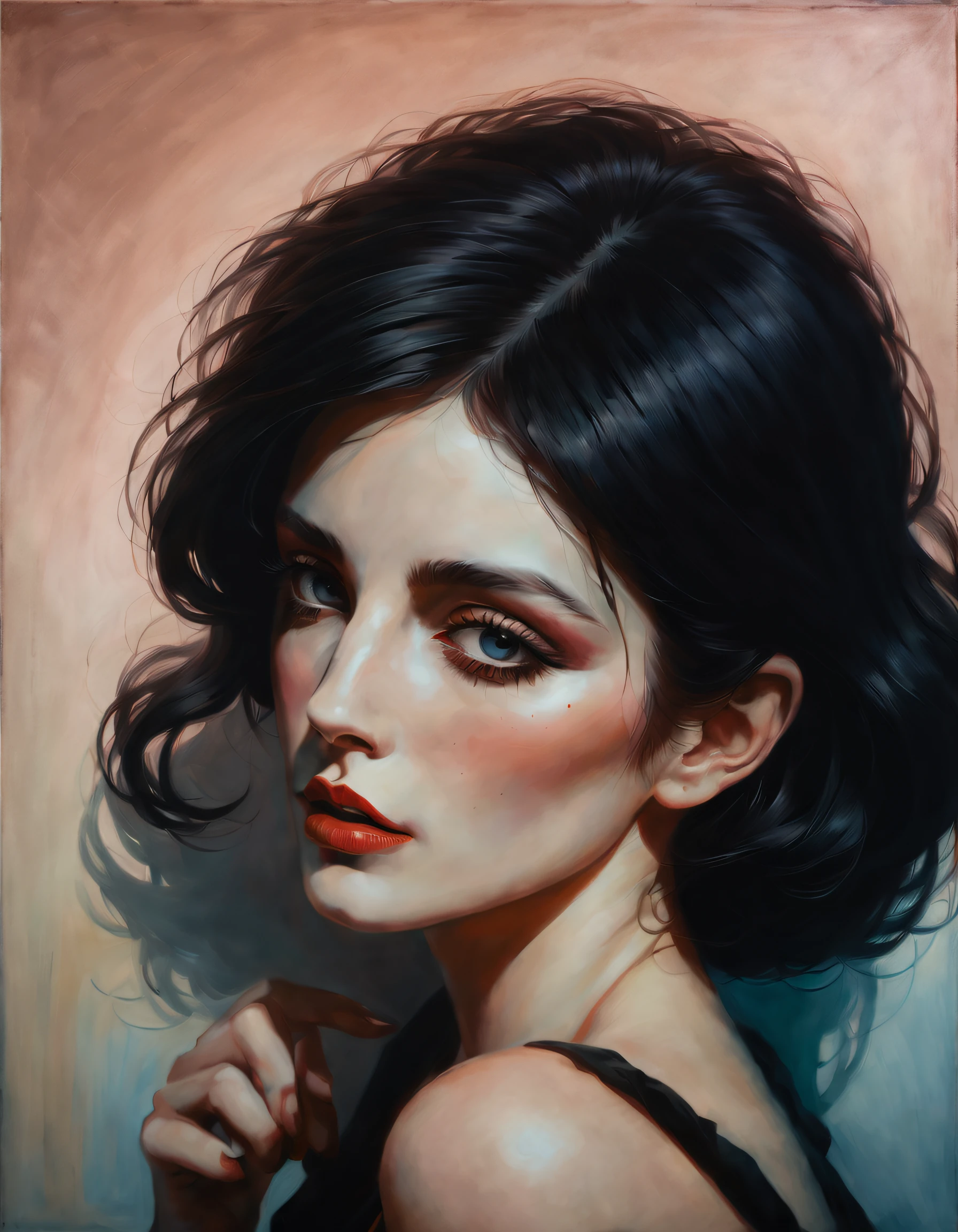 chiaroscuro technique on sensual illustration of an elegant 1980s woman, vintage beauty, eerie, thick oil painting, by Hannah Dale, by Harumi Hironaka, extremely soft colors, vibrant, highly detailed, malcolm liepke painting, oil on canvas, high contrast, dramatic, refined, tonal, Create high contrast between light and shadow, impressive art