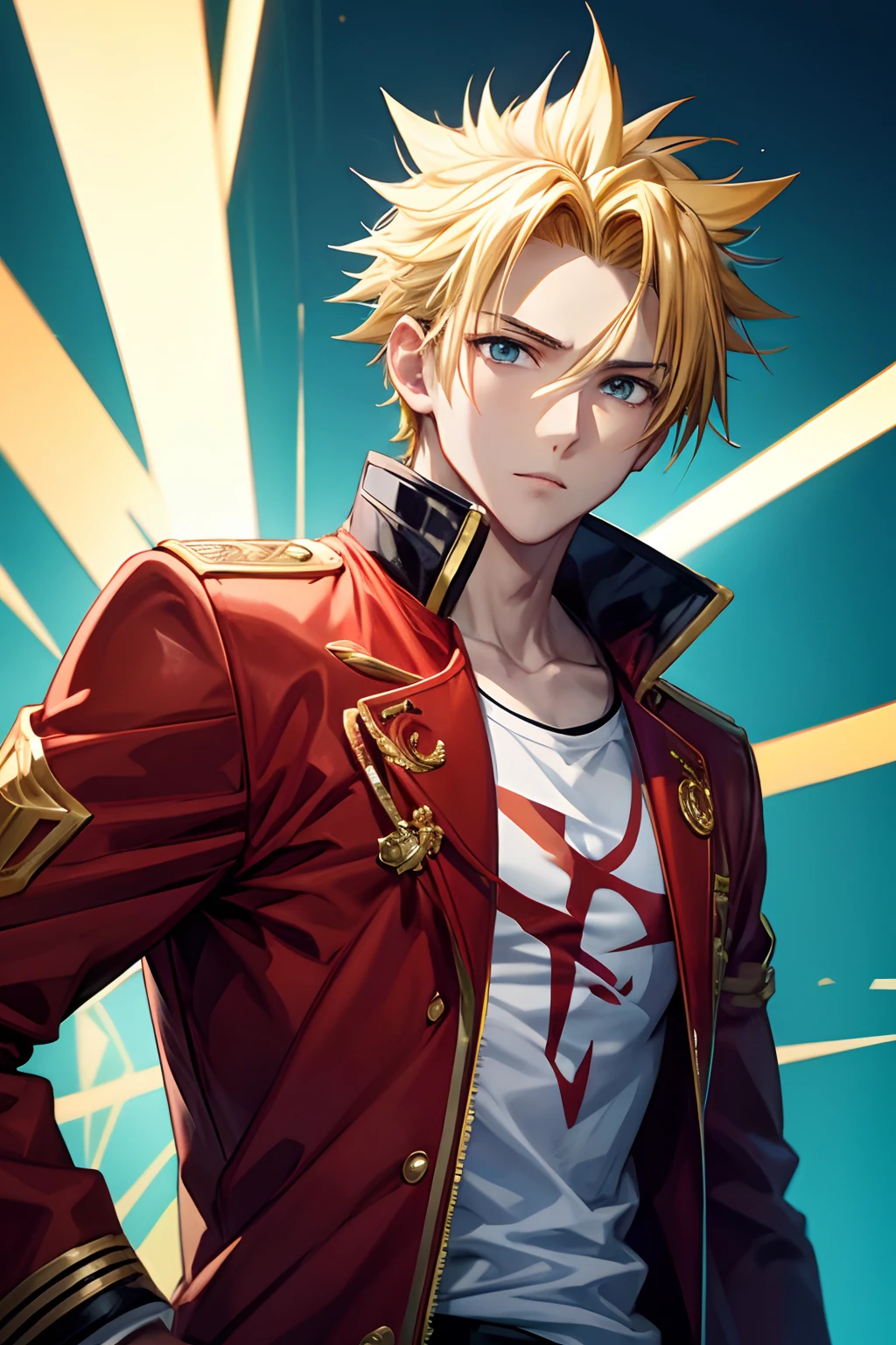 anime, a young man, yellow spiky upward hair, red jacket white shirt