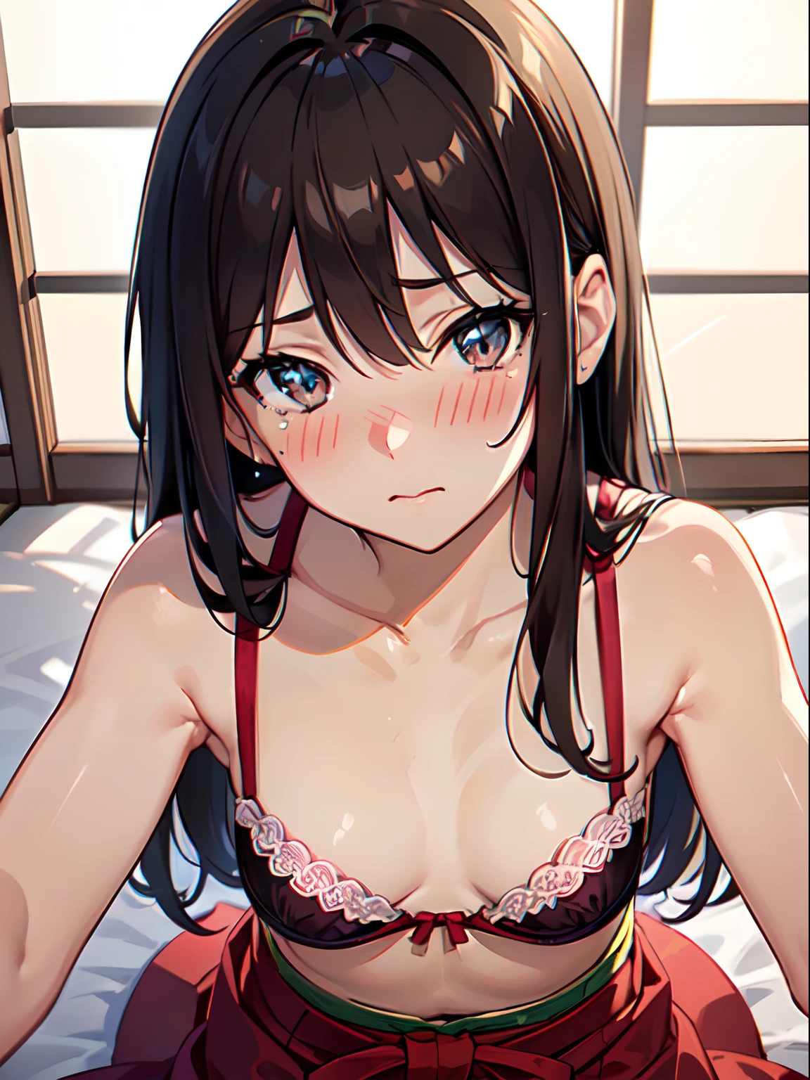 (((masutepiece, Best Quality, hight resolution, nffsw, Perfect Pixel, depth of fields))), 1girl in, Single, Solo, Beautiful anime girl, Beautiful Art Style, Anime Character, ((Long hair, Bangs, dark brown hair)), ((show armpit)), (((Brown eyes:1.5, Sparkling eyes))), ((Beautiful eyes, Detailed eyes, extremely detailed eye, Detailed face, Blushing:1.2)), ((Smooth texture:0.8, Realistic:0.5)), ((flat breast, )), Sitting on the bed, Dynamic Angle, Perfect body, ((close up, POV)), ((Red BRA, Kimono, japanese kimono)), sleepy, Natural light, Looking at Viewer