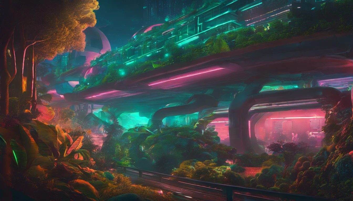 retro futurism, Buildings covered with vegetation, inverno, (noite estrelada), scientific fiction, Conceito Ambiental Art & design ,3D digital, realista, meio ambiente, Scifi, In a dense forest, buildings fully integrated into the vegetation, Buildings without sharp corners, Rounded constructions, SEM CARROS, no vehicles, Small walkways where people walk among the greenery, umidade no ar, nevoeiro, luz noturna multicolorida, passarelas iluminadas, imagem mostrando o inicio da noitinha, inicio da noite, anoitecer,