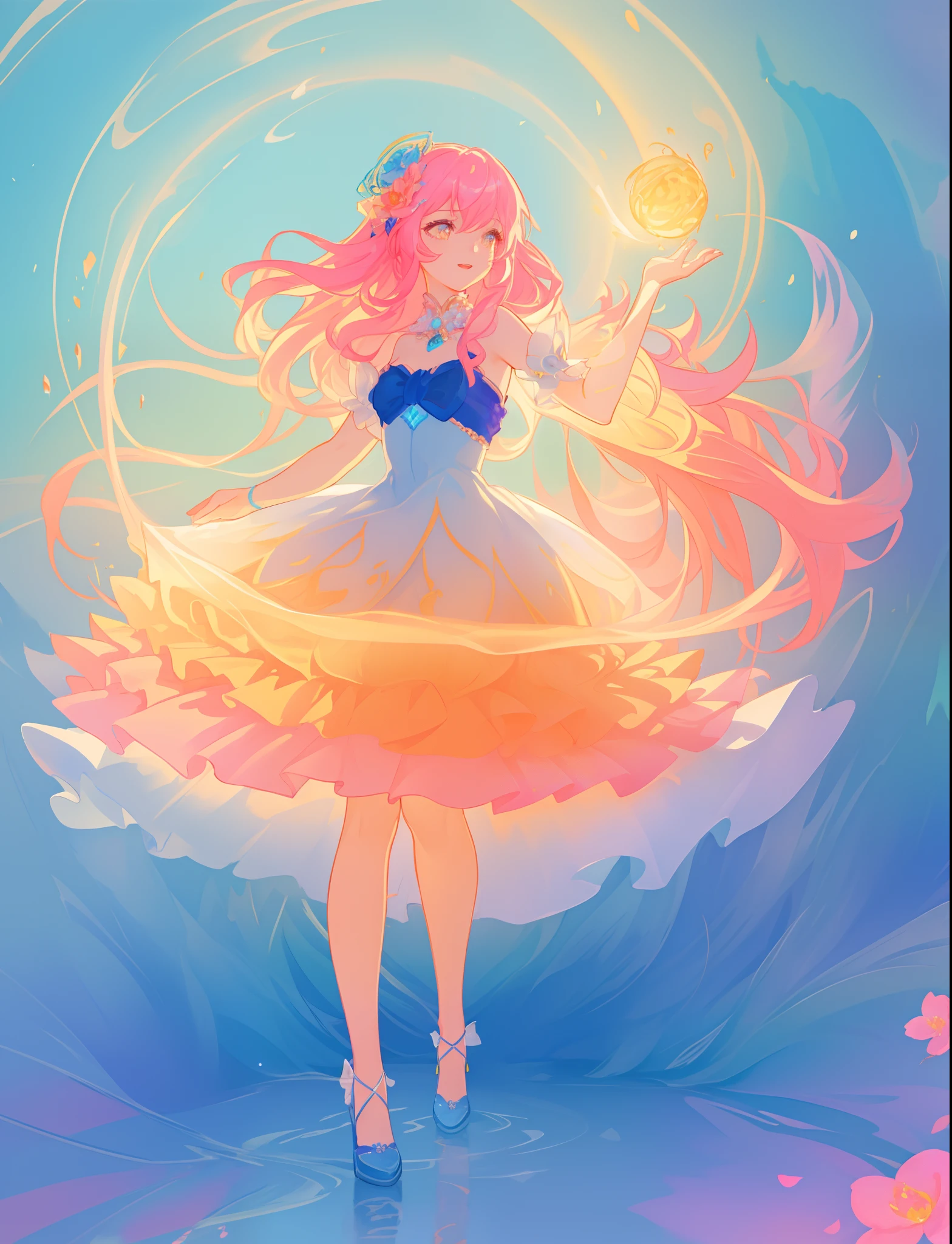 beautiful girl, puffy tiered flower fairy ballgown dress, vibrant pastel colors, (colorful), glowing golden long hair, magical lights, sparkling magical liquid, inspired by Glen Keane, inspired by Lois van Baarle, disney art style, by Lois van Baarle, glowing aura around her, by Glen Keane, jen bartel, glowing lights! digital painting, flowing glowing hair, glowing flowing hair, beautiful digital illustration, fantasia background, whimsical, magical, fantasy, ((beautiful face)), ((masterpiece, best quality)), intricate details, highly detailed, sharp focus, 8k resolution, sparkling detailed eyes, liquid watercolor