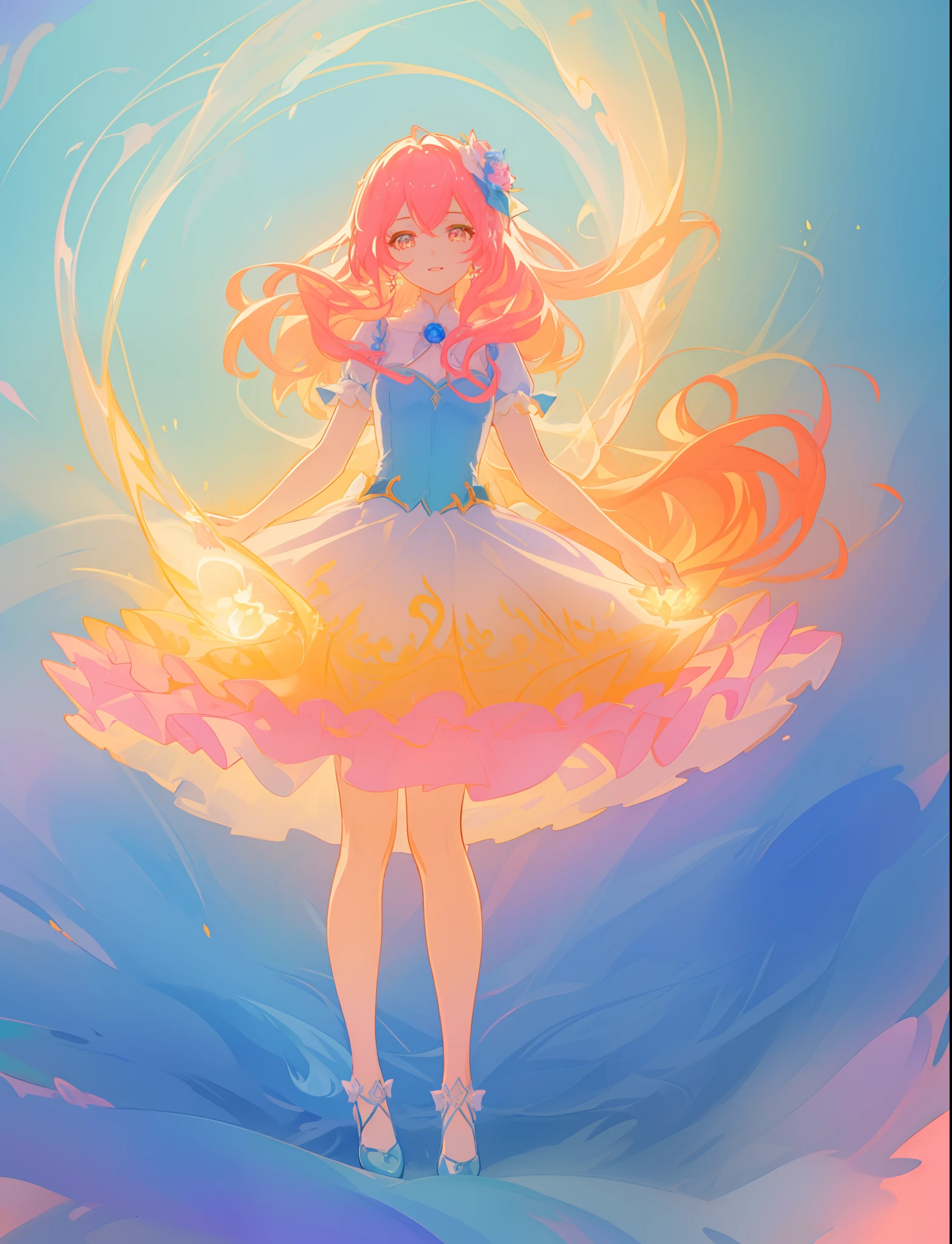 beautiful girl, puffy tiered flower fairy ballgown dress, vibrant pastel colors, (colorful), glowing golden long hair, magical lights, sparkling magical liquid, inspired by Glen Keane, inspired by Lois van Baarle, disney art style, by Lois van Baarle, glowing aura around her, by Glen Keane, jen bartel, glowing lights! digital painting, flowing glowing hair, glowing flowing hair, beautiful digital illustration, fantasia background, whimsical, magical, fantasy, ((beautiful face)), ((masterpiece, best quality)), intricate details, highly detailed, sharp focus, 8k resolution, sparkling detailed eyes, liquid watercolor