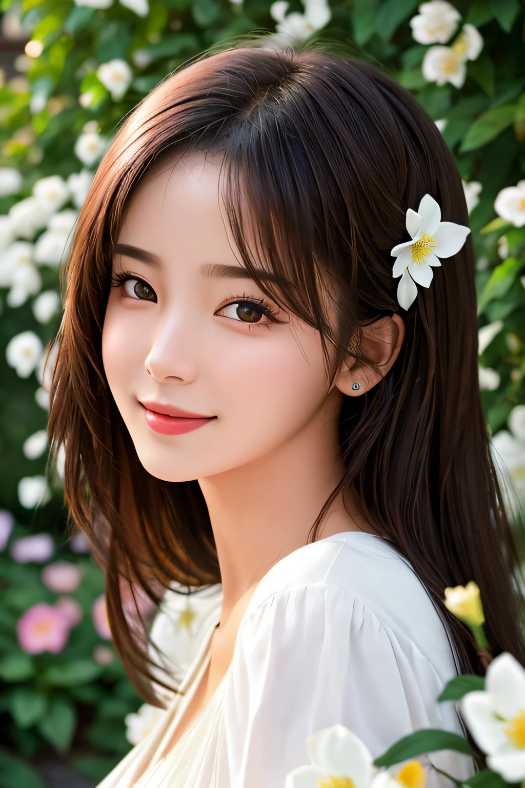 masterpiece,DSLR photo,analog style,NikonD5,rialistic photo,Photo of beautiful 20 year old woman,dramatic lighting(85mm),Blooming garden in the background,(detailed facial features),(detailed shiny eyes),dynamic ungle,,Long,,a smile:1.4,