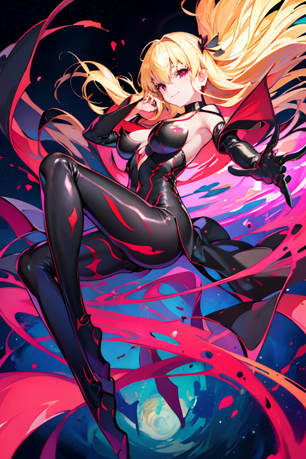 Carefully draw the face 5 year old girl High-quality faces in anime style a blond Shiny black full body suit Red lines all over the body seductiv a smile Morrigan Aensland Lie on your back