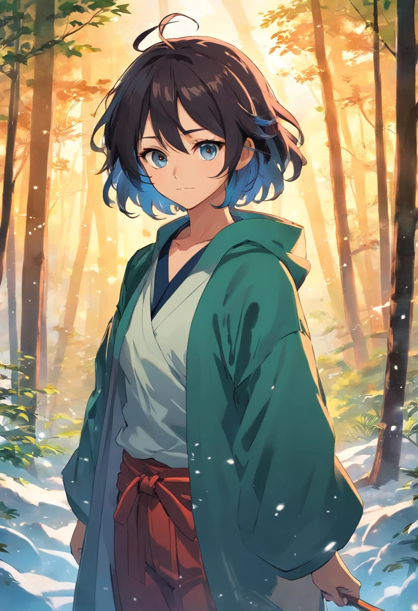 El anime, (La mejor calidad), 1chico, (Cuerpo ancho), (Bosque nevado con puesta de sol), ((cabello blanco desordenado puntiagudo)), Cicatrices, (Pelo ultra corto), ((Ojos negros impasibles)), Ropa de entrenamiento abierto, Abdomen marcado, El arte del asesino de demonios, Demon Slayer Artstyle, kimetsu no yaiba