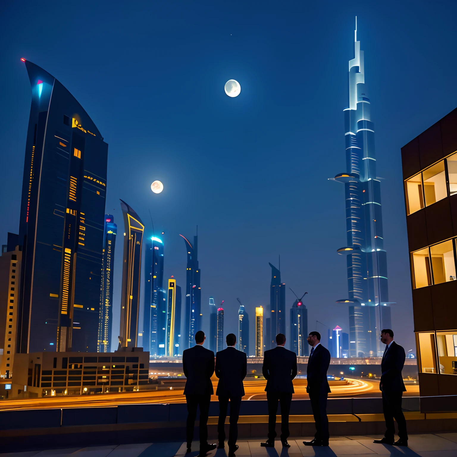 Four man in black suits standing in a building roof where see everything,in Dubai street ,street of city ,busy night,with moon light