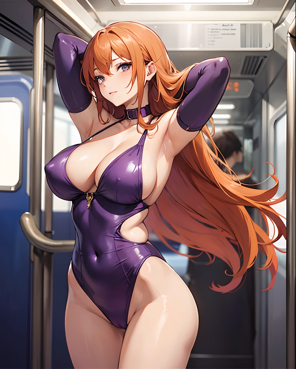 Woman in purple one-piece swimsuit, Long orange hair, huge tit, Buttock augmentation, Crotch plumping, Stand next to the train in the subway
