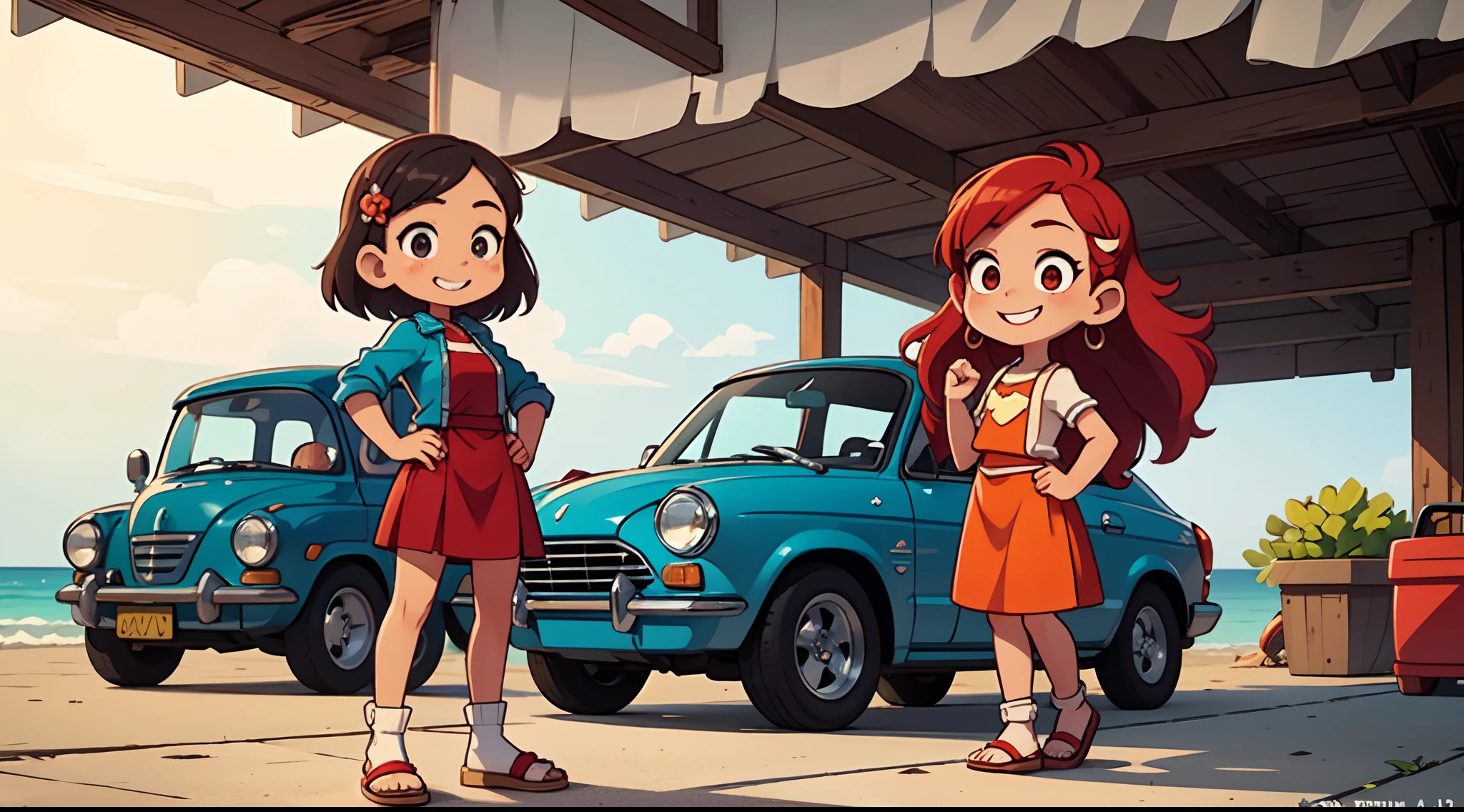 Octane Render、(Hyper-detailing: 1.15)、(Soft light、sharp: 1.2)、morning、 posing in front of red EV in parking lot near beach, Traditional costumes、Distinctive ethnic hair ornaments、Characteristic ethnic shoes、 Fuji Film, F/4.0, masutepiece, Anatomically correct、A smile, radiant light