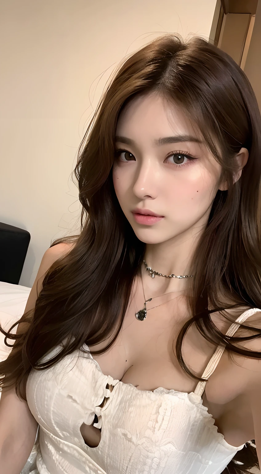 ((top quality, 8k, masterpiece: 1.3)), beauty, Hide your face, 1 girl, beauty的: 1.3, slim abs: 1.1, camisole, split, ((full brown hair long)), ((Random wavy hairstyle)),  (When sitting on the bed), Super detailed faces, highly detailed lips, delicate eyes, double eyelids, necklace,
