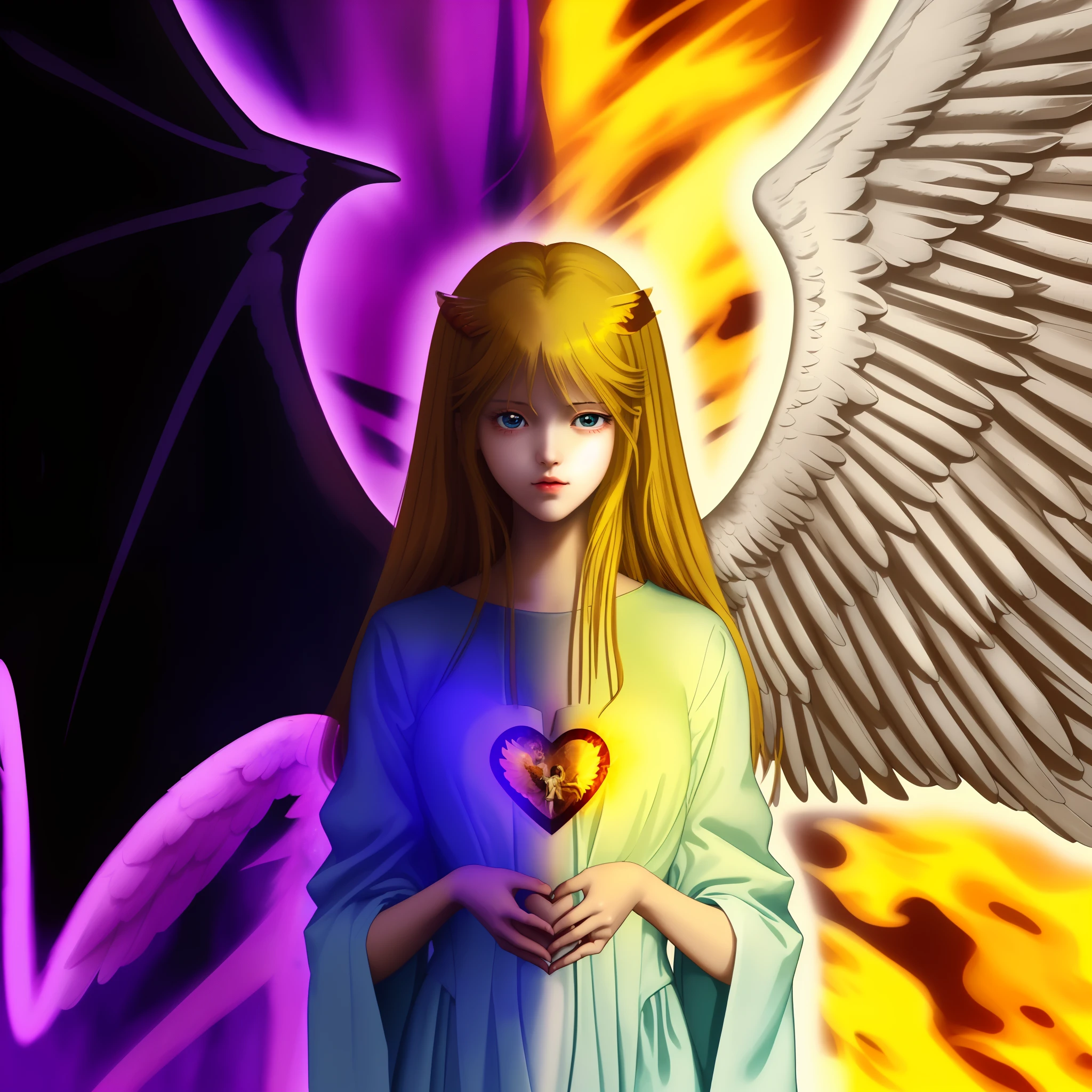 anime angel girl with wings holding a heart in her hands, angelic and unsettling, glowing angelic being, seraphim, angel in hell, angel watching demon, angelic, angelical, low angel, angel protecting woman, winged girl angel, the angel of death, an angel, angel girl, evangelionic illustration, the angel of death with a halo