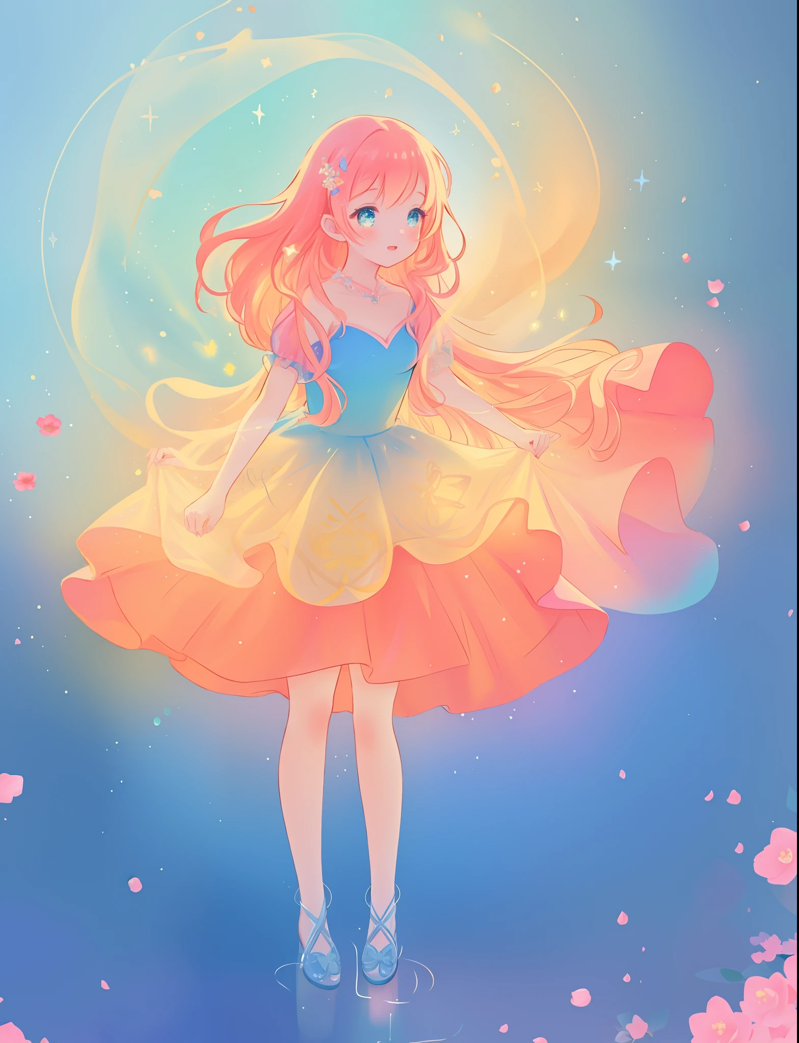 beautiful girl, puffy tiered flower fairy ballgown dress, vibrant pastel colors, (colorful), glowing golden long hair, magical lights, sparkling magical liquid, inspired by Glen Keane, inspired by Lois van Baarle, disney art style, by Lois van Baarle, glowing aura around her, by Glen Keane, jen bartel, glowing lights! digital painting, flowing glowing hair, glowing flowing hair, beautiful digital illustration, fantasia background, whimsical, magical, fantasy, ((beautiful face)), ((masterpiece, best quality)), intricate details, highly detailed, sharp focus, 8k resolution, sparkling detailed eyes, liquid watercolor