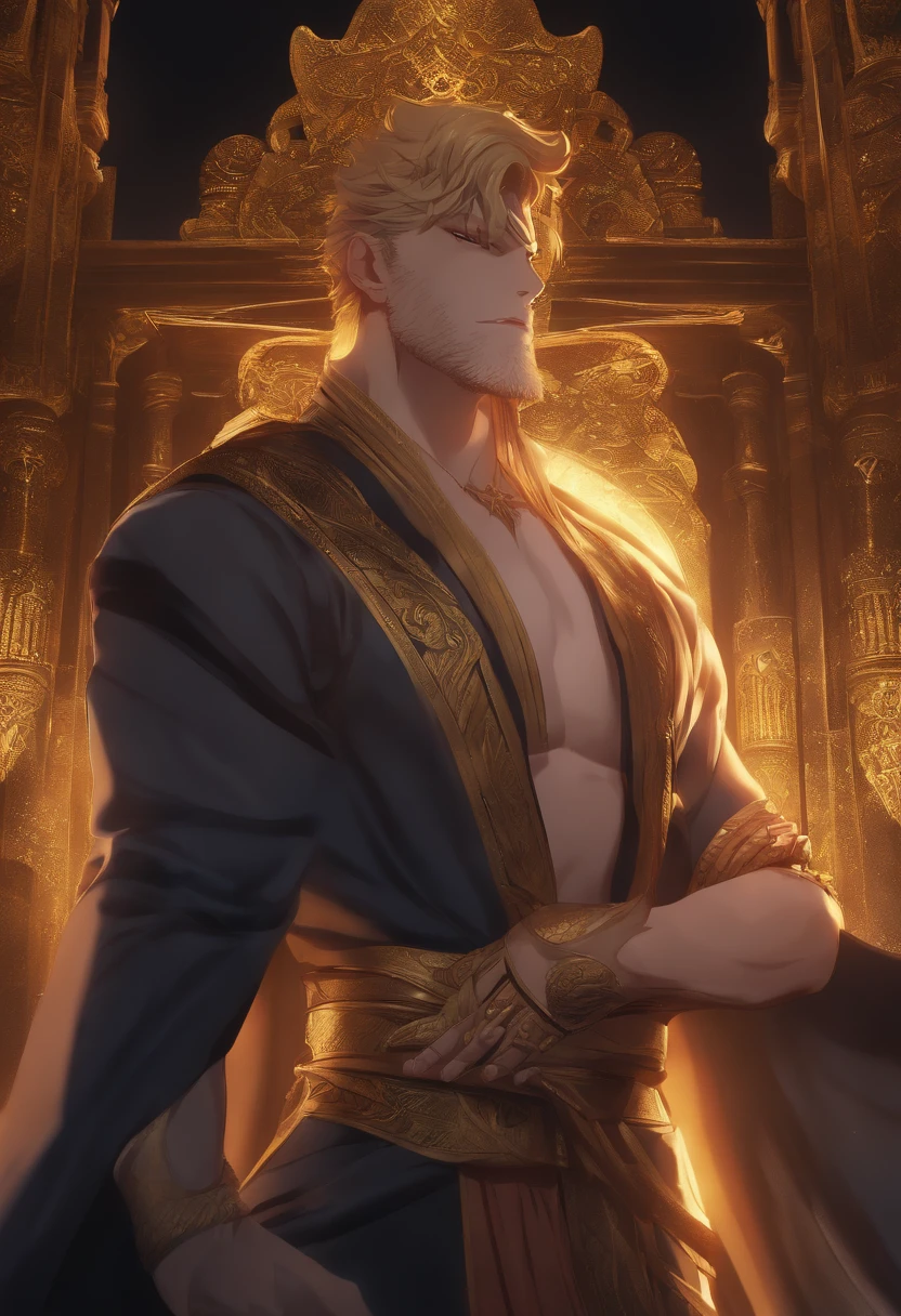 Gilgamesh anime, cara de mau, pose de combate, obra prima,corpo inteiro, qualidade superior, cinematic, fundo escuro