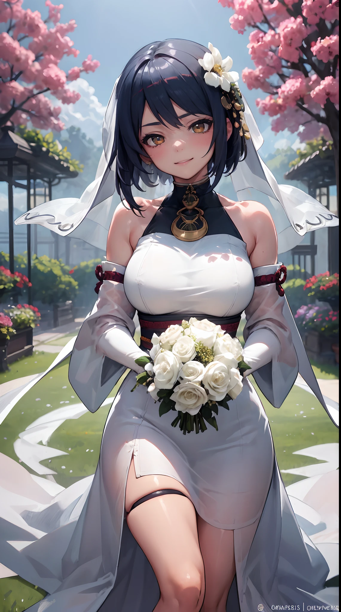 Kujou Sara | genshin impact, master-piece, bestquality, 1girls,25 years old, proportional body, proportional., Wedding Dresses, White Wedding Dress, Long skirt, wedding, ,bara, Standing in the middle of a flower garden, outdoor, wedding, The sky is beautiful, In a paradise of love and happiness.............................., The bride wears a Japanese dress and a seductive smile.............................., The passage of time stops at theirs.............................., On this wedding day of love and happiness.............................., Bright and beautiful flowers, Holding it in her hands symbolizes the envelopment of love.............................., Love and friendship through the transmission of flowers, In a paradise of love and happiness.............................., A bride in a yukata wearing a masika.............................., It is a form of beauty and elegance.............................., Show your spouse your heart............................., In a paradise of love and happiness.............................., Kochikugisa is the tree of new beginnings.............................., And their love and affection..........................., And suck a lot of love.............................., Flowers represent love and peace.............................., In a paradise of love and happiness.............................., View viewers from the front., Thigh strap, Head tilt, bored, 10, 10, HD, slight smile,