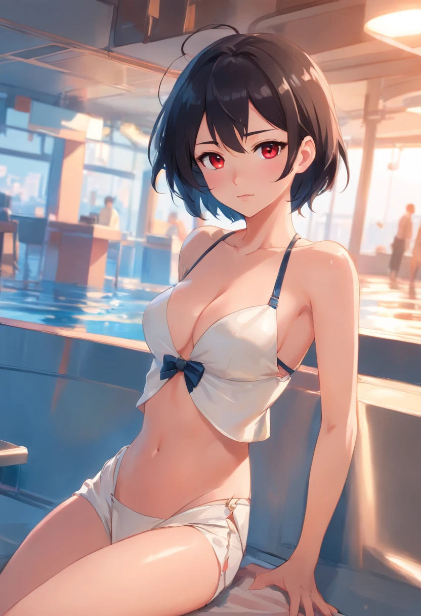 Detailed caricature, Young Caucasian girl with black straight hair and crimson eyes, White Porcelain Leather, full bodyesbian, White ball gown and big breasts, hightquality, High resolution, 8K, hard disk, (Well-designed body), Amazing body, (super detailed), beautidful eyes, ultra-detailliert, Ultra Elista,barechested,M-shaped legs