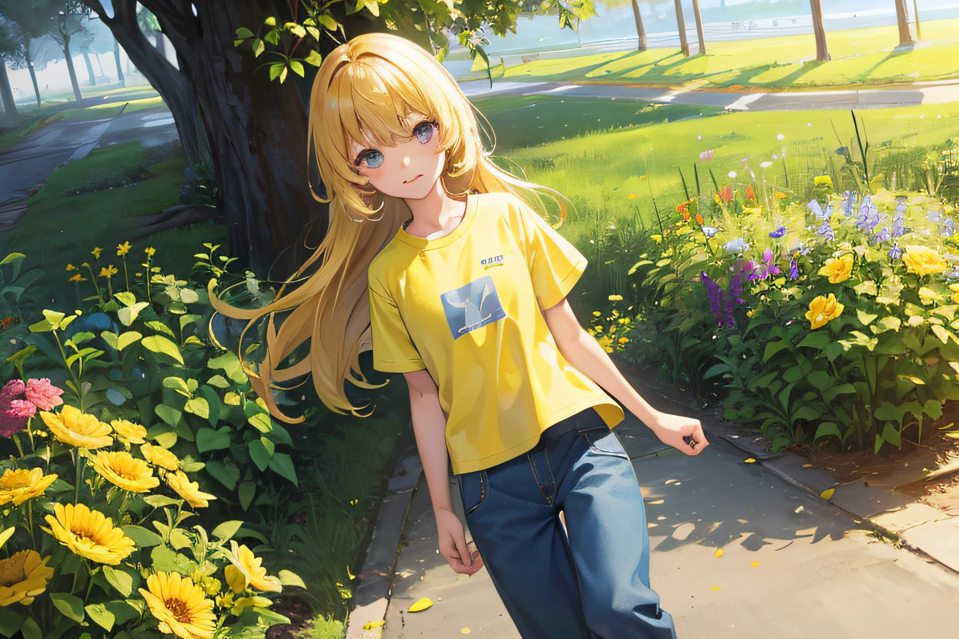 Floral landscape showing a happy caucasian student of about 6 years old in school uniform, Yellow T-shirt and blue long pants