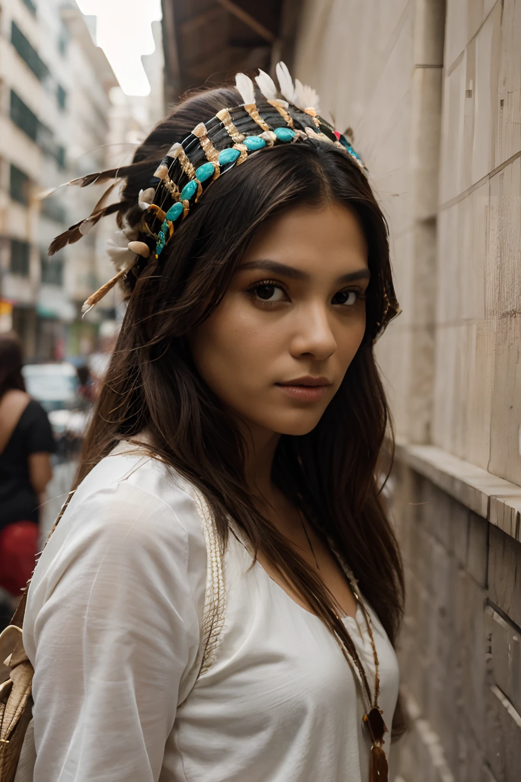 Quadro extremamente detalhado, estilo Leonardo Da vinci, of a beautiful indigenous Brazilian woman with a headdress of bird feathers on her head