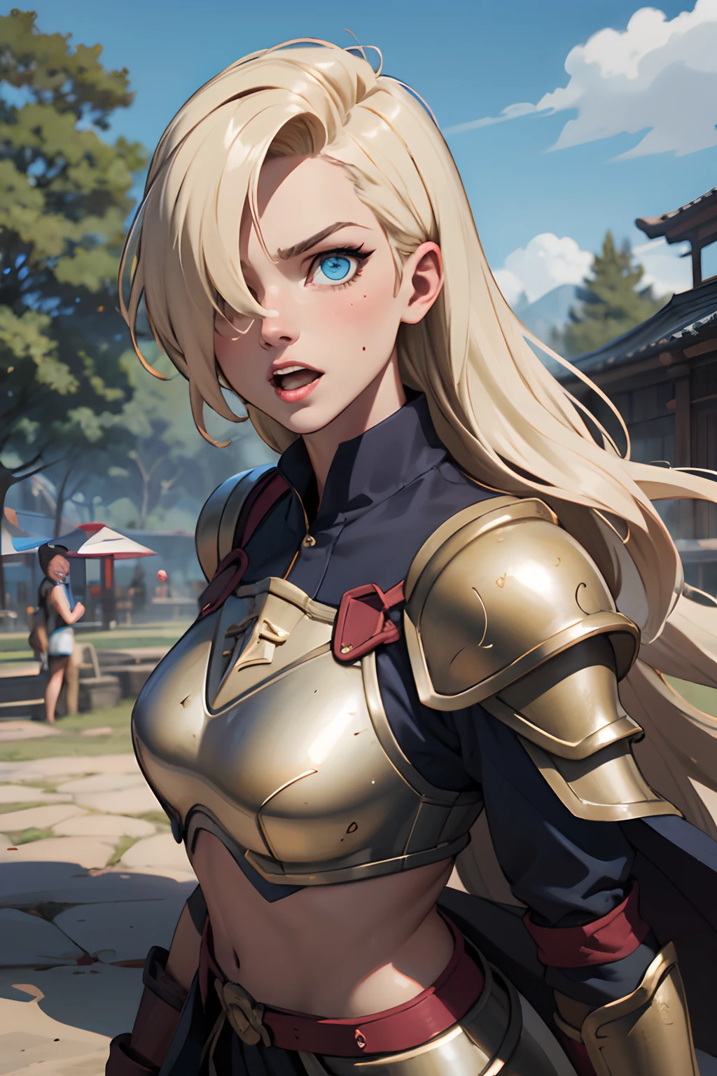 hair_over_one_eye, blonde_hair, blue_eyes, portrait, solo, (full body:0.6), looking up, detailed background, detailed face, (bronzepunkai, bronze theme:1.1), gladiator,  triumphant,   taunting expression,   yellow gladiator armor, greaves,   arena in background,   blood, sunshine, legendary gladiatorial atmosphere,, waterpark, market stall, building, fitting room, natural, hail, earth, bamboo forest