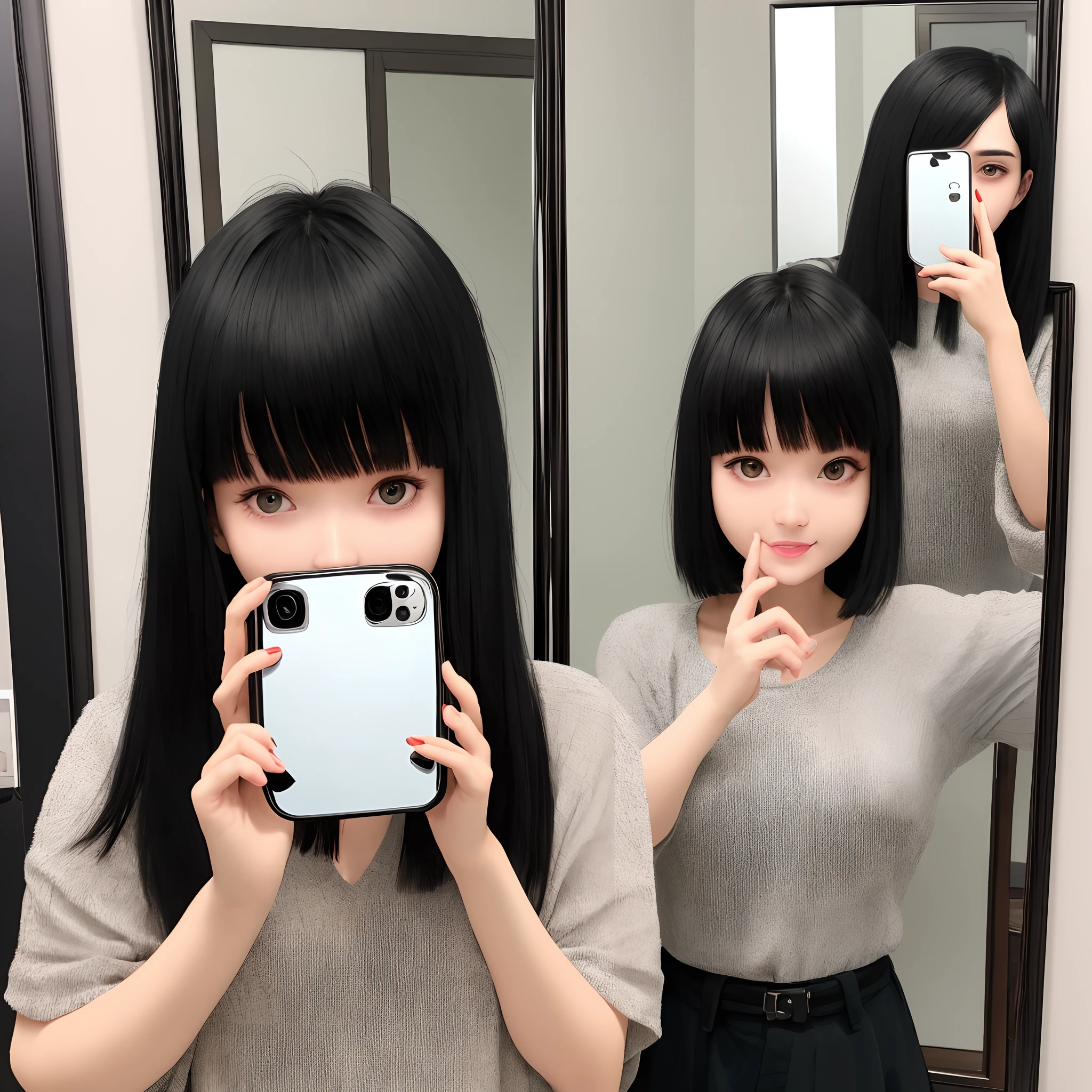 Black Haired 21 year old human taking mirror picture covering her face