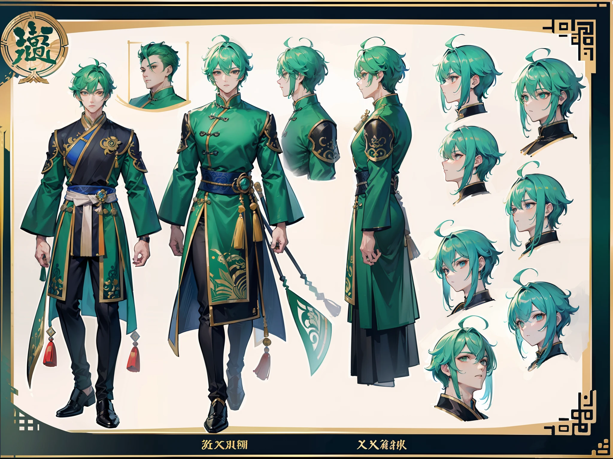 ((Masterpiece, Highest quality)), Detailed face, character design sheet, full bodyesbian, Full of details, frontal body view, back body view, Highly detailed, Depth, Many parts, Muscle boy with green hair,handsome man, Traditional chinese clothes, Genshin Impact, man tall